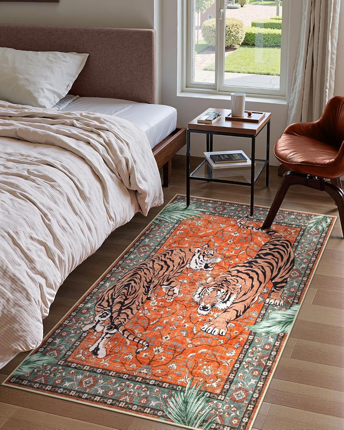 imageMoynesa Tiger Washable Rugs 8x10 Area Rugs for Living Room Soft Large Vintage 8x10 Bedroom Green Rug Botanical Non Slip Ultra Thin Floor Carpet for Dining Room Home OfficeRust