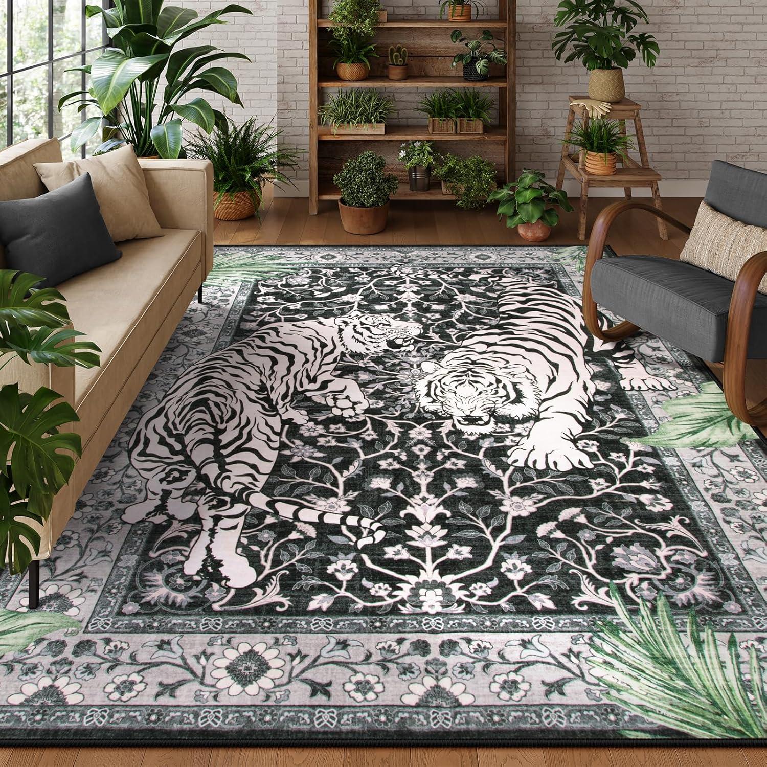 imageMoynesa Tiger Washable Rugs 8x10 Area Rugs for Living Room Soft Large Vintage 8x10 Bedroom Green Rug Botanical Non Slip Ultra Thin Floor Carpet for Dining Room Home OfficeBlack