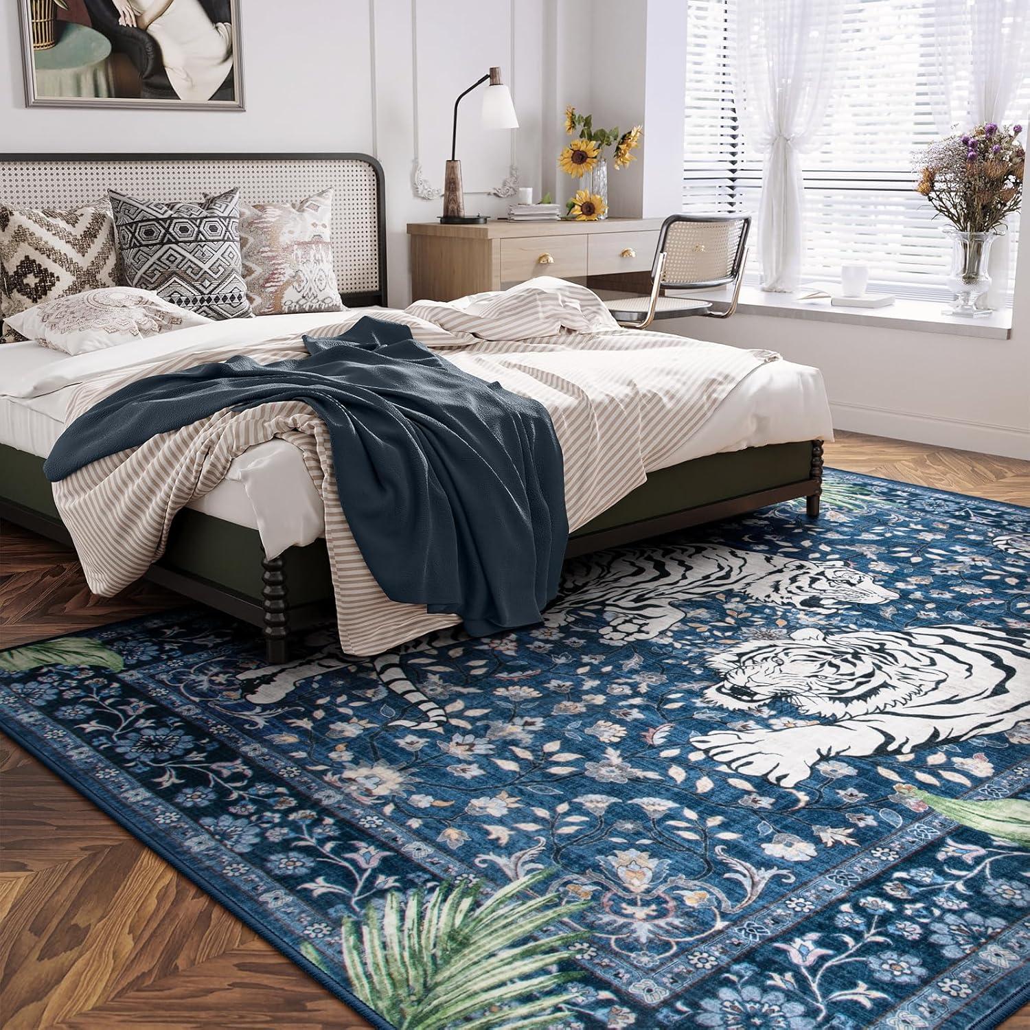 imageMoynesa Tiger Washable Rugs 8x10 Area Rugs for Living Room Soft Large Vintage 8x10 Bedroom Green Rug Botanical Non Slip Ultra Thin Floor Carpet for Dining Room Home OfficeBlue