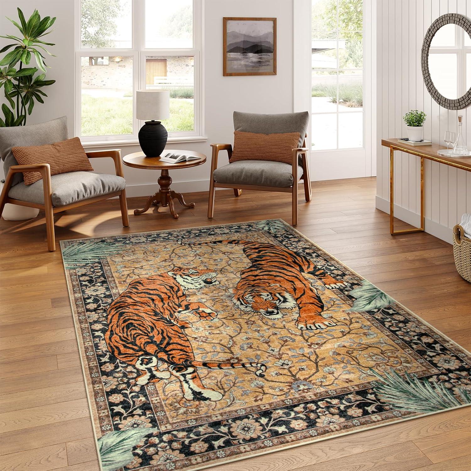 imageMoynesa Tiger Washable Rugs 8x10 Area Rugs for Living Room Soft Large Vintage 8x10 Bedroom Green Rug Botanical Non Slip Ultra Thin Floor Carpet for Dining Room Home OfficeCamel