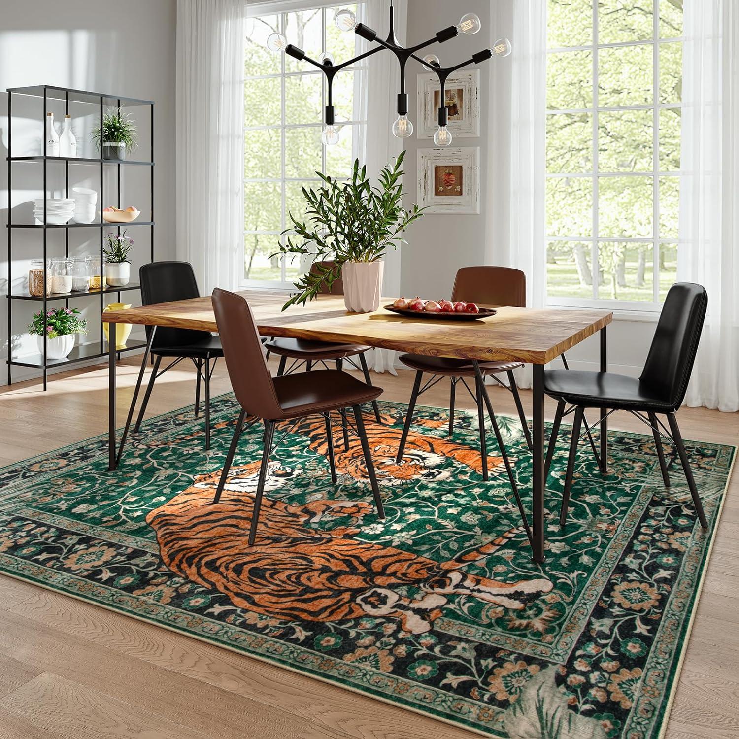 imageMoynesa Tiger Washable Rugs 8x10 Area Rugs for Living Room Soft Large Vintage 8x10 Bedroom Green Rug Botanical Non Slip Ultra Thin Floor Carpet for Dining Room Home OfficeGreen