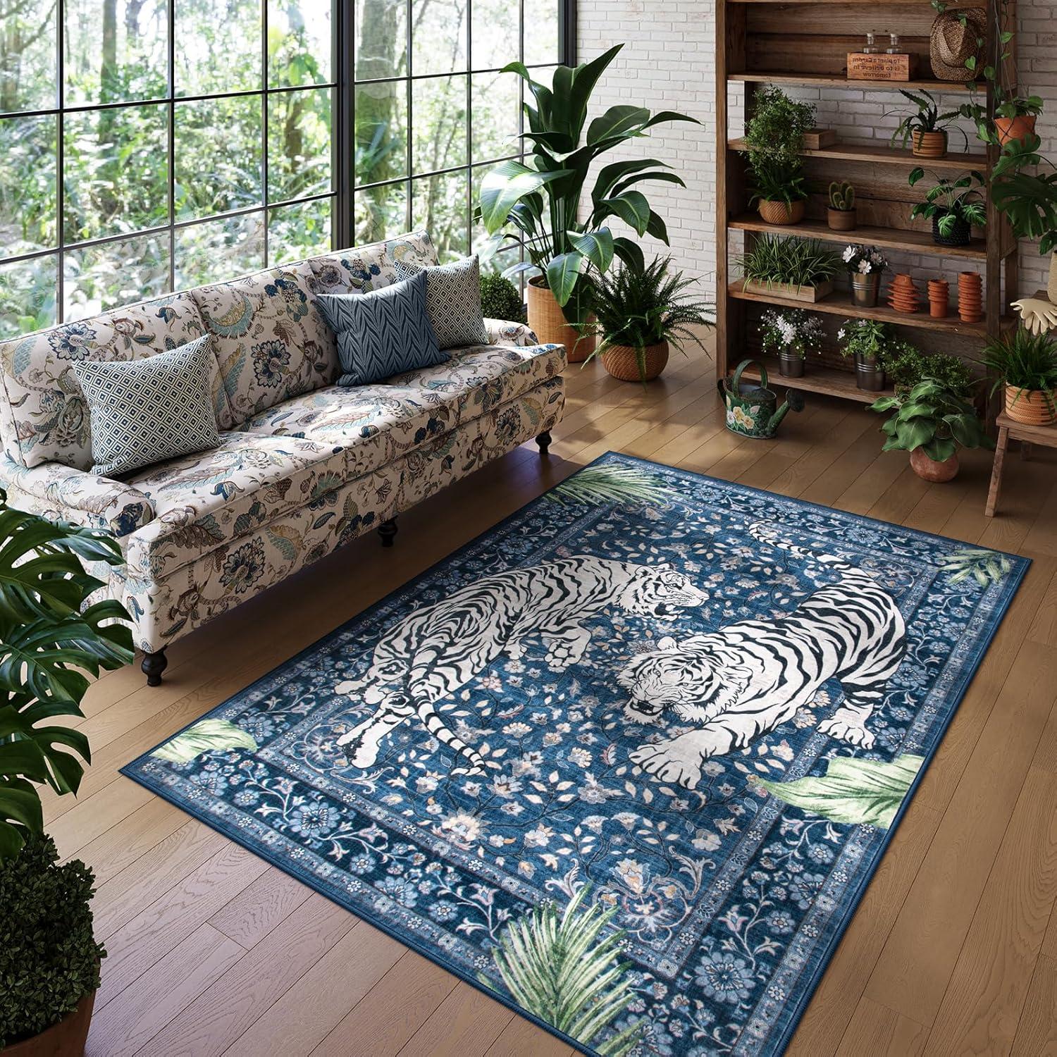imageMoynesa Tiger Washable Rugs 8x10 Area Rugs for Living Room Soft Large Vintage 8x10 Bedroom Green Rug Botanical Non Slip Ultra Thin Floor Carpet for Dining Room Home OfficeBlue