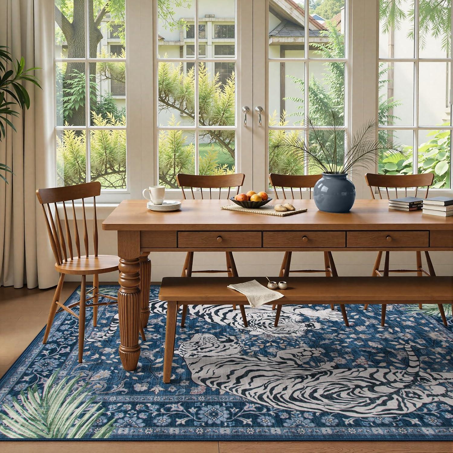 imageMoynesa Tiger Washable Rugs 8x10 Area Rugs for Living Room Soft Large Vintage 8x10 Bedroom Green Rug Botanical Non Slip Ultra Thin Floor Carpet for Dining Room Home OfficeBlue