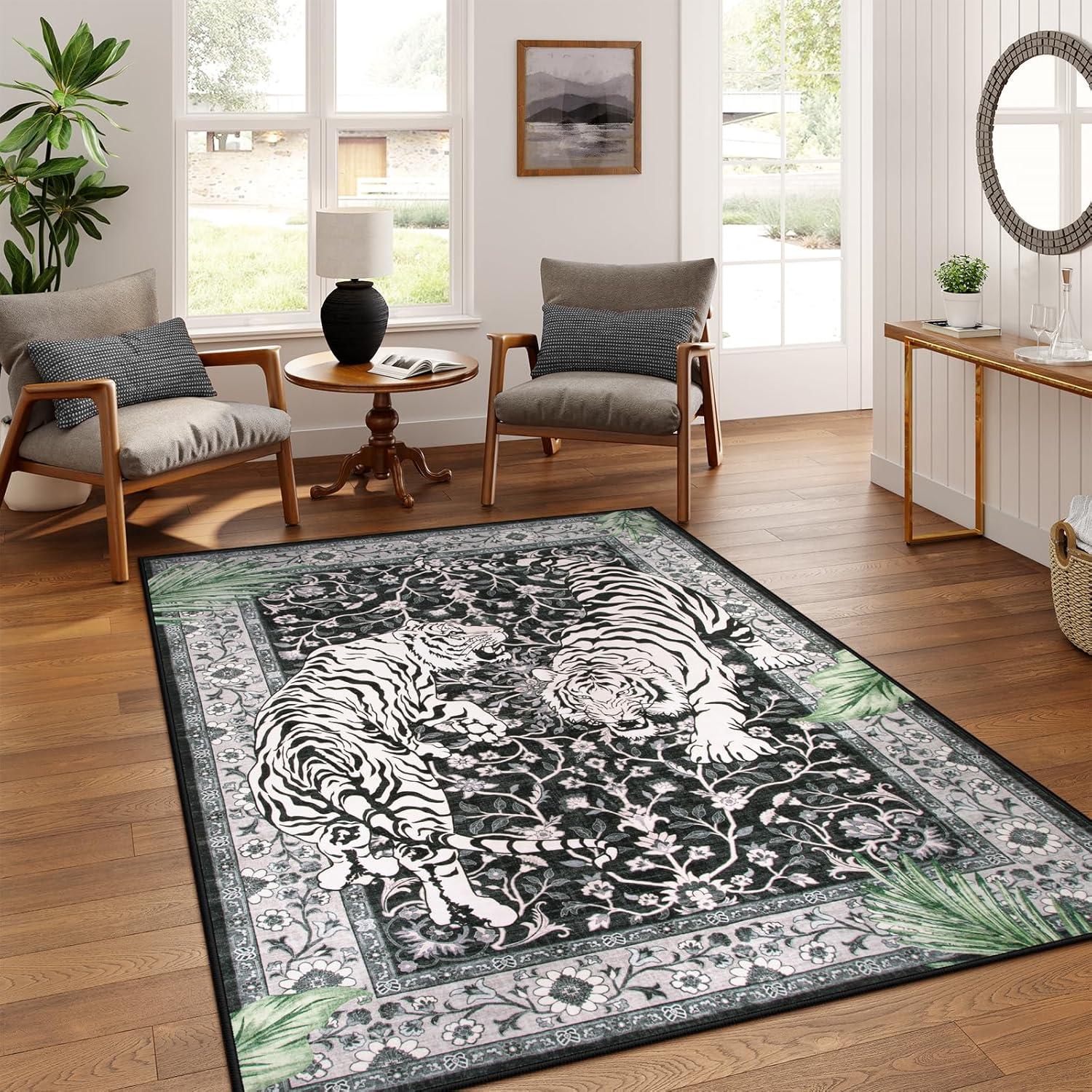 imageMoynesa Tiger Washable Rugs 8x10 Area Rugs for Living Room Soft Large Vintage 8x10 Bedroom Green Rug Botanical Non Slip Ultra Thin Floor Carpet for Dining Room Home OfficeBlack