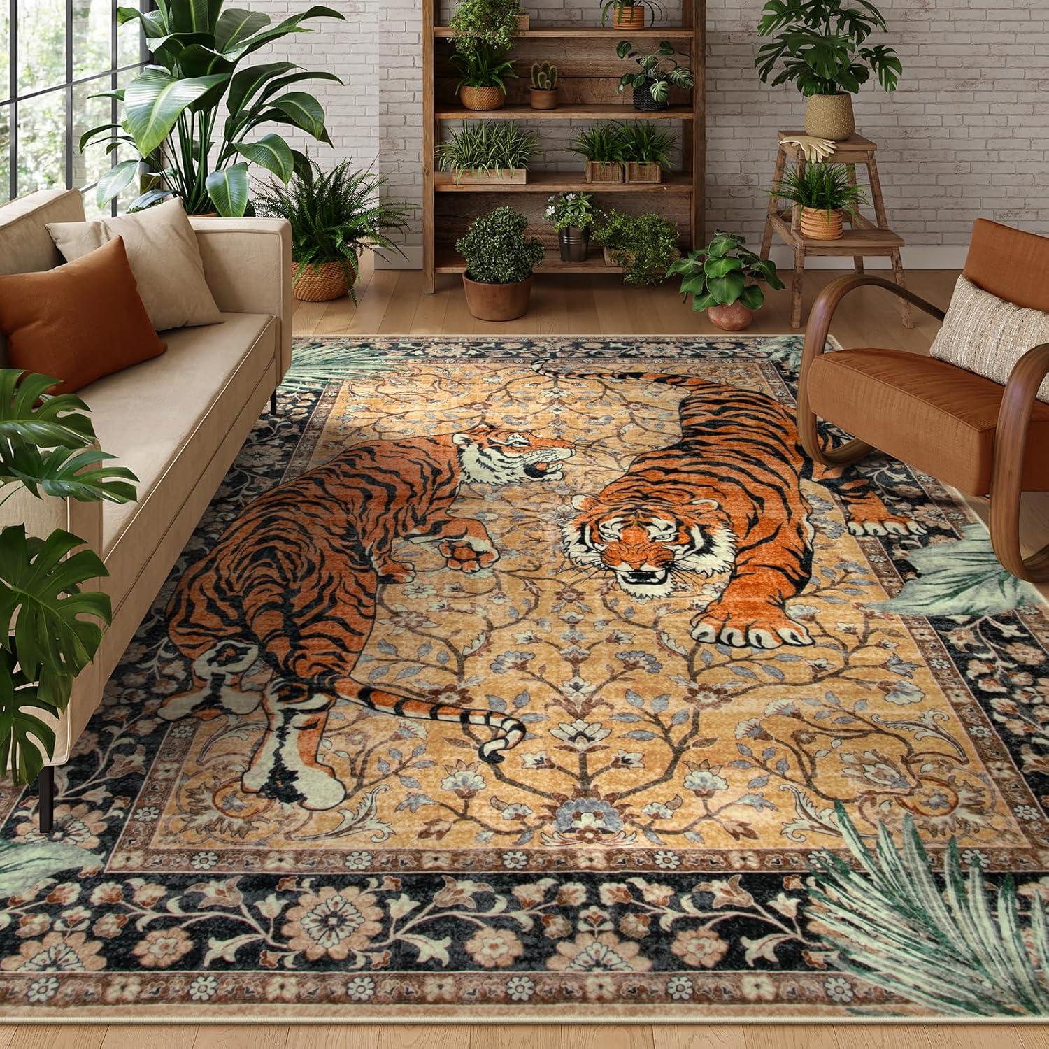 imageMoynesa Tiger Washable Rugs 8x10 Area Rugs for Living Room Soft Large Vintage 8x10 Bedroom Green Rug Botanical Non Slip Ultra Thin Floor Carpet for Dining Room Home OfficeCamel