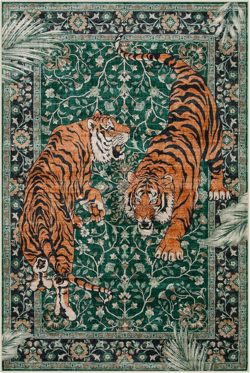 imageMoynesa Tiger Washable Rugs 8x10 Area Rugs for Living Room Soft Large Vintage 8x10 Bedroom Green Rug Botanical Non Slip Ultra Thin Floor Carpet for Dining Room Home OfficeGreen