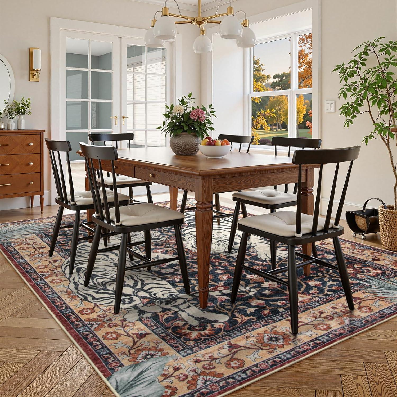 imageMoynesa Tiger Washable Rugs 8x10 Area Rugs for Living Room Soft Large Vintage 8x10 Bedroom Green Rug Botanical Non Slip Ultra Thin Floor Carpet for Dining Room Home OfficePuce Red