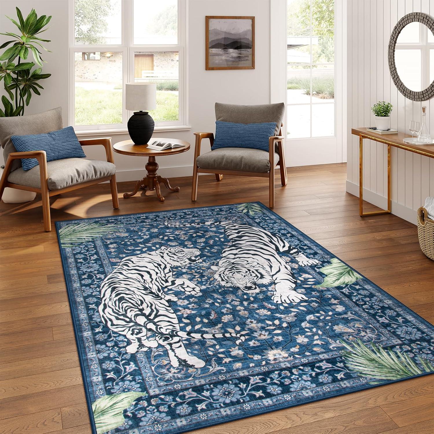 imageMoynesa Tiger Washable Rugs 8x10 Area Rugs for Living Room Soft Large Vintage 8x10 Bedroom Green Rug Botanical Non Slip Ultra Thin Floor Carpet for Dining Room Home OfficeBlue