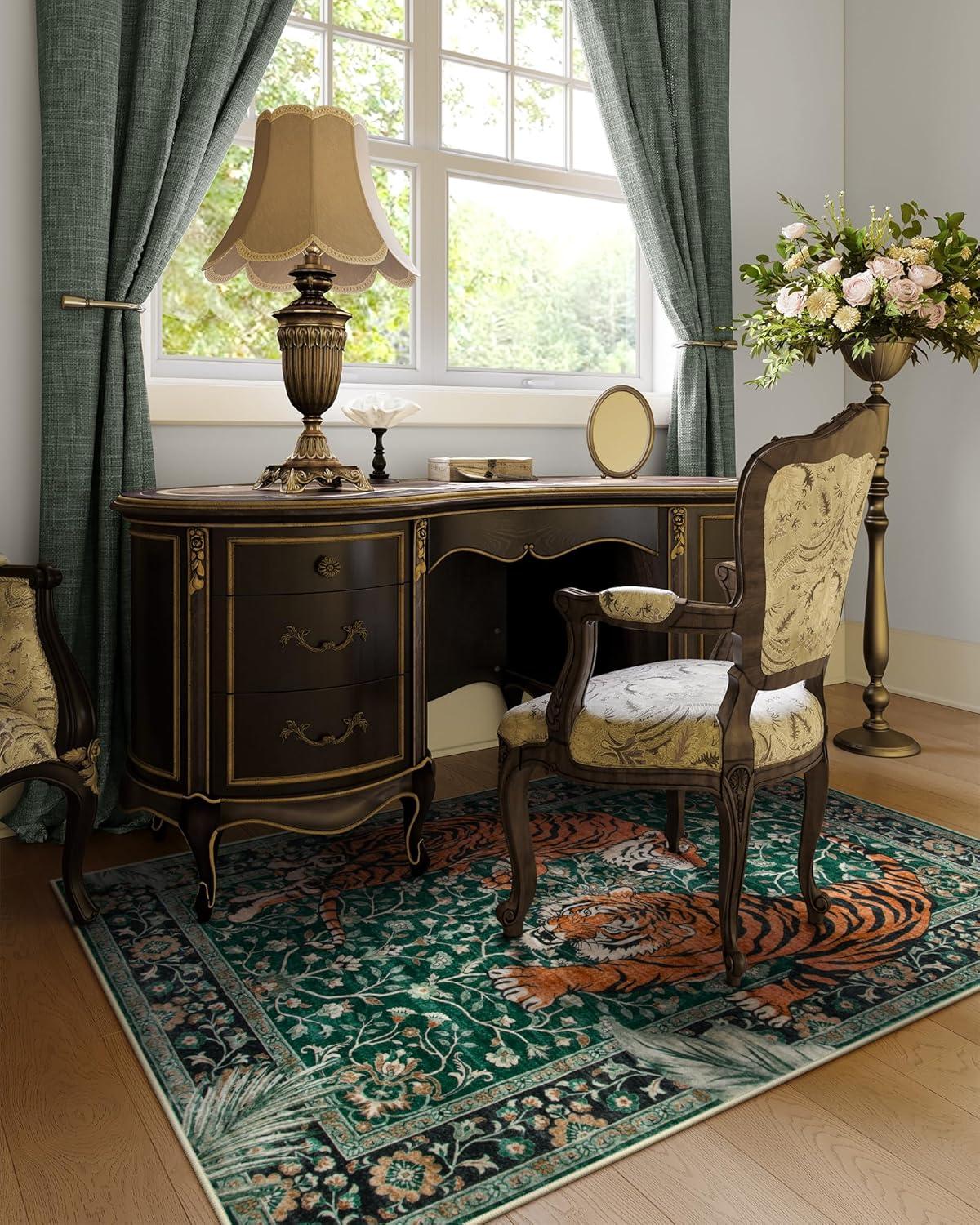 imageMoynesa Tiger Washable Rugs 8x10 Area Rugs for Living Room Soft Large Vintage 8x10 Bedroom Green Rug Botanical Non Slip Ultra Thin Floor Carpet for Dining Room Home OfficeGreen