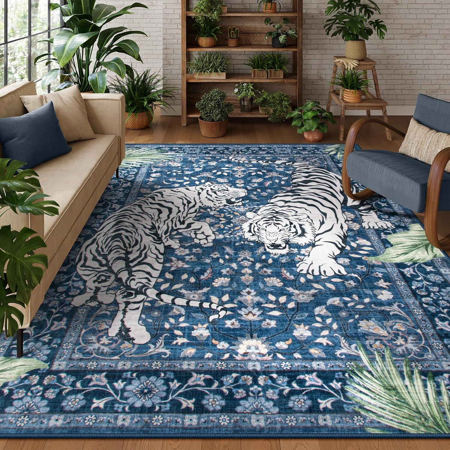 imageMoynesa Tiger Washable Rugs 8x10 Area Rugs for Living Room Soft Large Vintage 8x10 Bedroom Green Rug Botanical Non Slip Ultra Thin Floor Carpet for Dining Room Home OfficeBlue