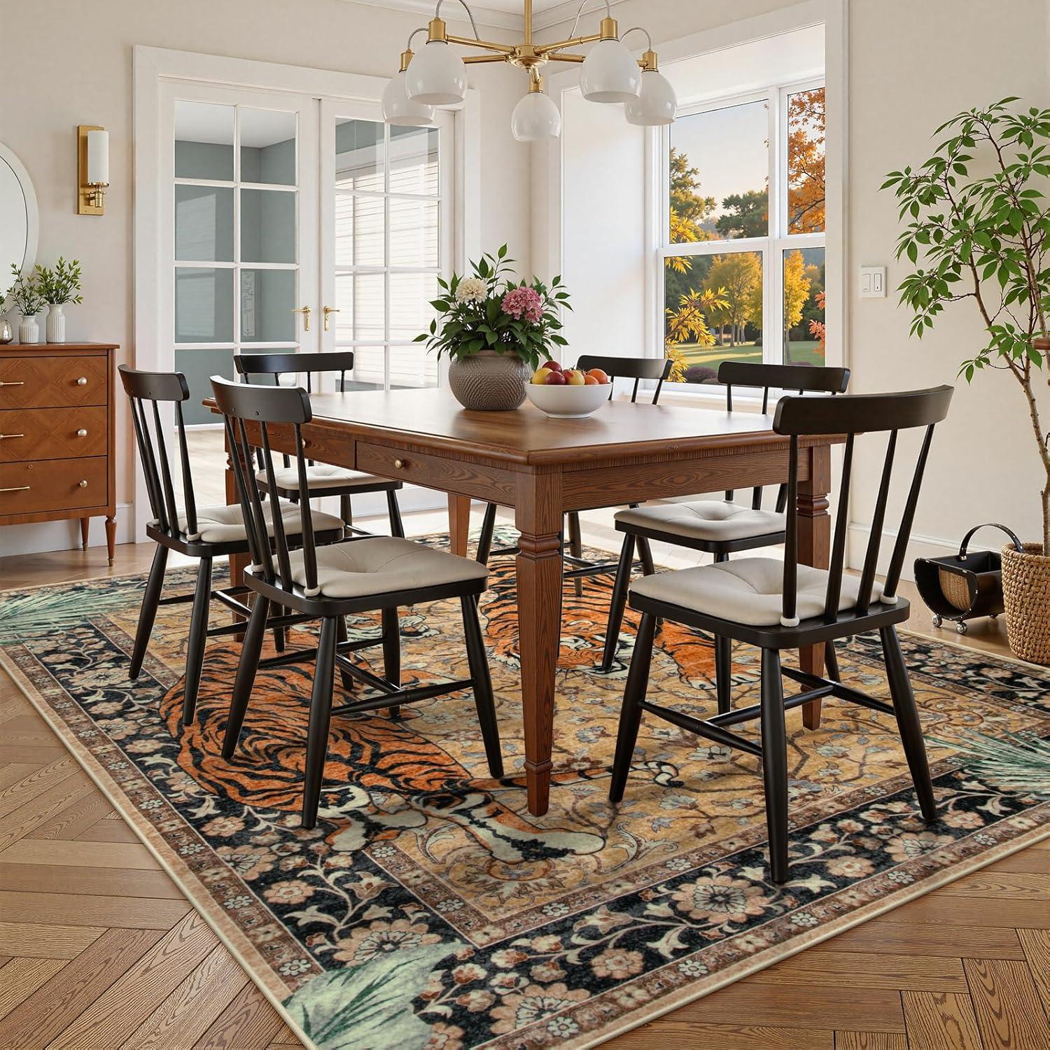 imageMoynesa Tiger Washable Rugs 8x10 Area Rugs for Living Room Soft Large Vintage 8x10 Bedroom Green Rug Botanical Non Slip Ultra Thin Floor Carpet for Dining Room Home OfficeCamel