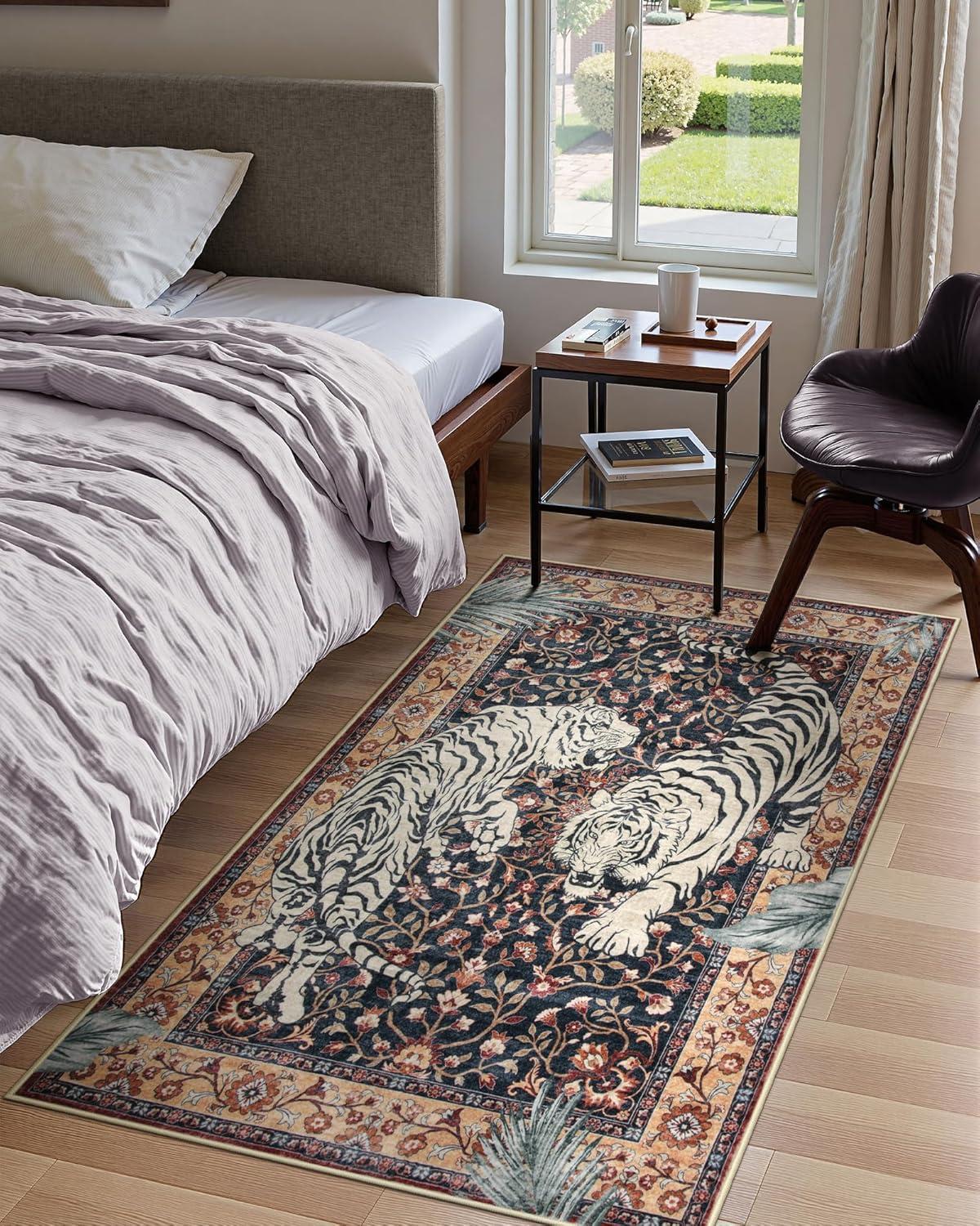 imageMoynesa Tiger Washable Rugs 8x10 Area Rugs for Living Room Soft Large Vintage 8x10 Bedroom Green Rug Botanical Non Slip Ultra Thin Floor Carpet for Dining Room Home OfficePuce Red