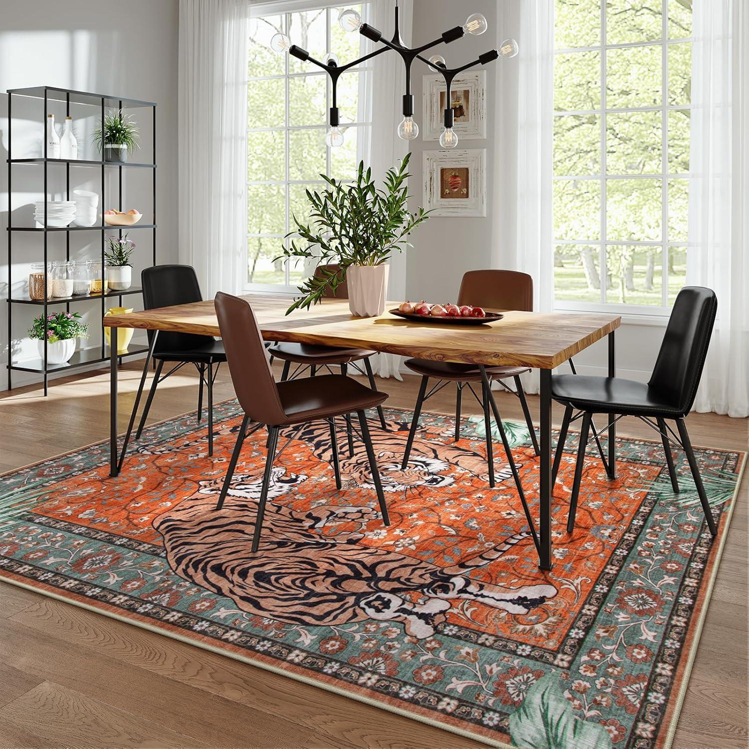 imageMoynesa Tiger Washable Rugs 8x10 Area Rugs for Living Room Soft Large Vintage 8x10 Bedroom Green Rug Botanical Non Slip Ultra Thin Floor Carpet for Dining Room Home OfficeRust
