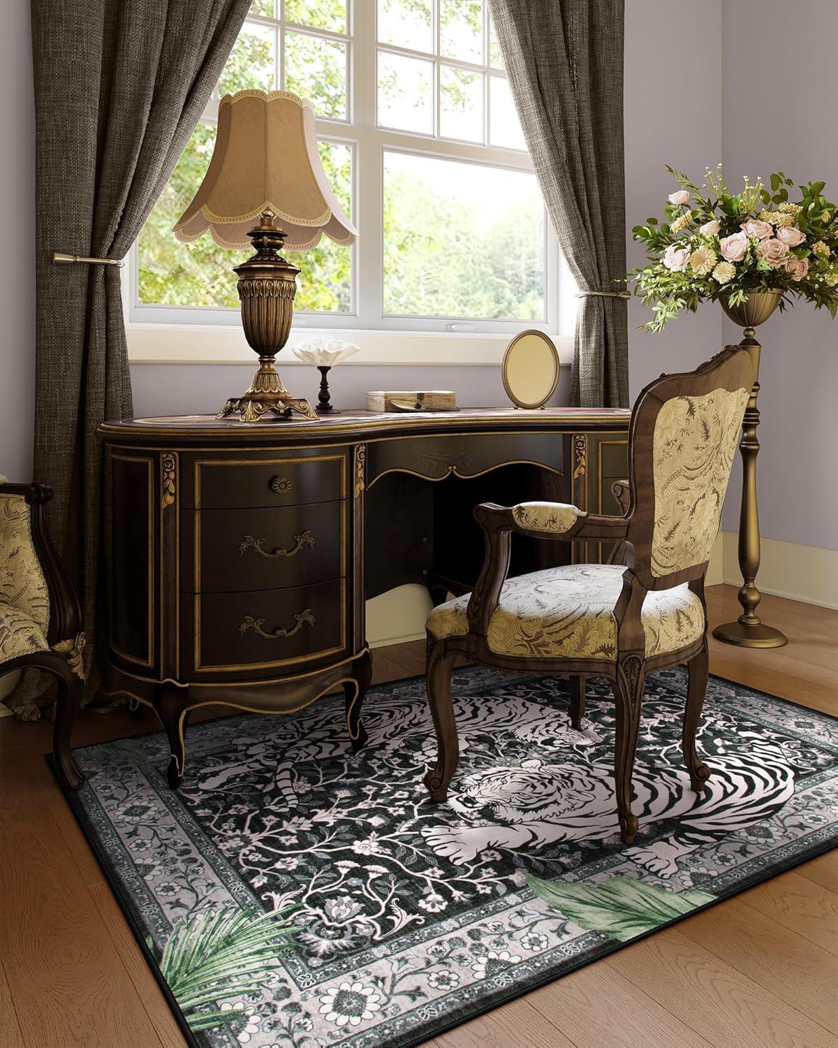 imageMoynesa Tiger Washable Rugs 8x10 Area Rugs for Living Room Soft Large Vintage 8x10 Bedroom Green Rug Botanical Non Slip Ultra Thin Floor Carpet for Dining Room Home OfficeBlack