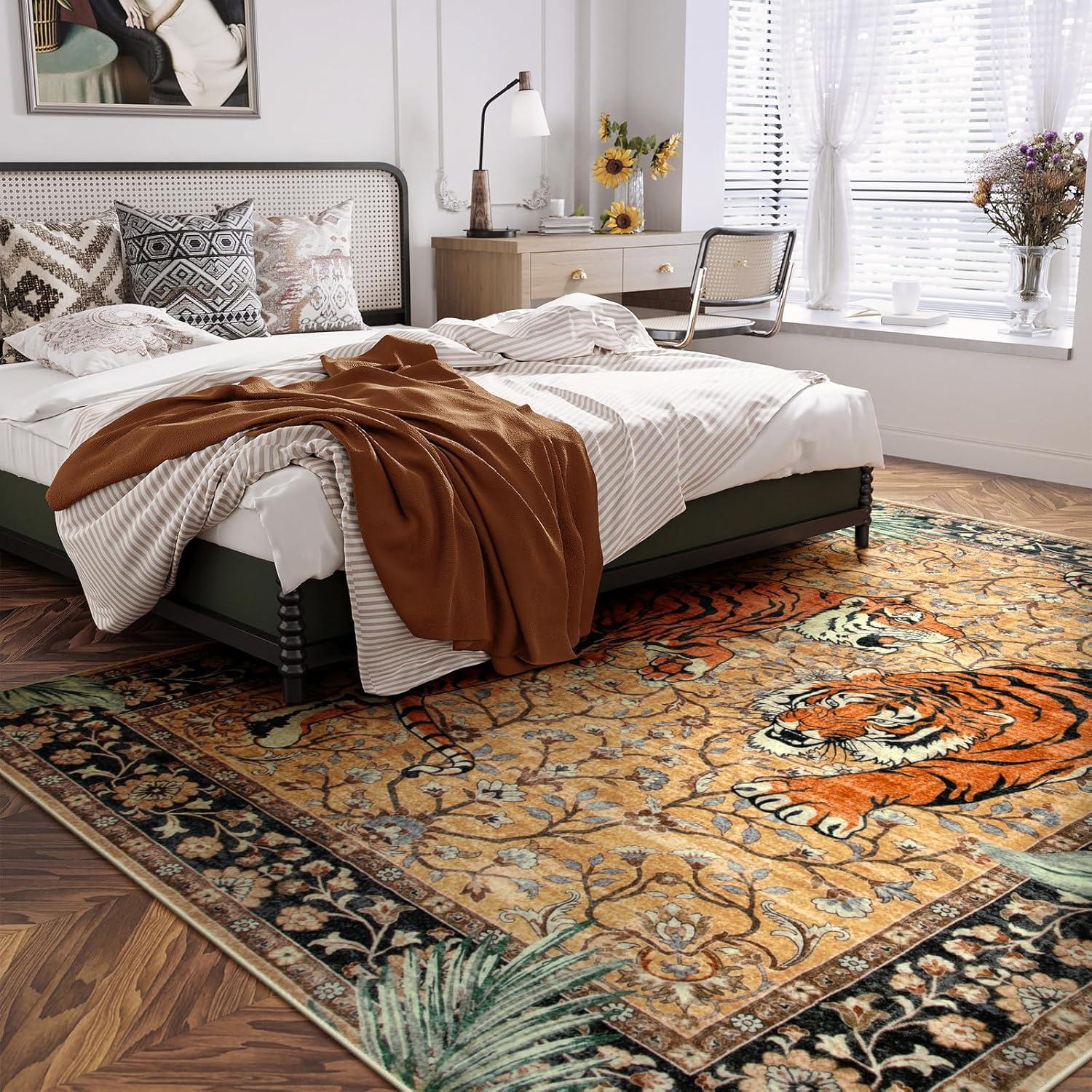 imageMoynesa Tiger Washable Rugs 8x10 Area Rugs for Living Room Soft Large Vintage 8x10 Bedroom Green Rug Botanical Non Slip Ultra Thin Floor Carpet for Dining Room Home OfficeCamel