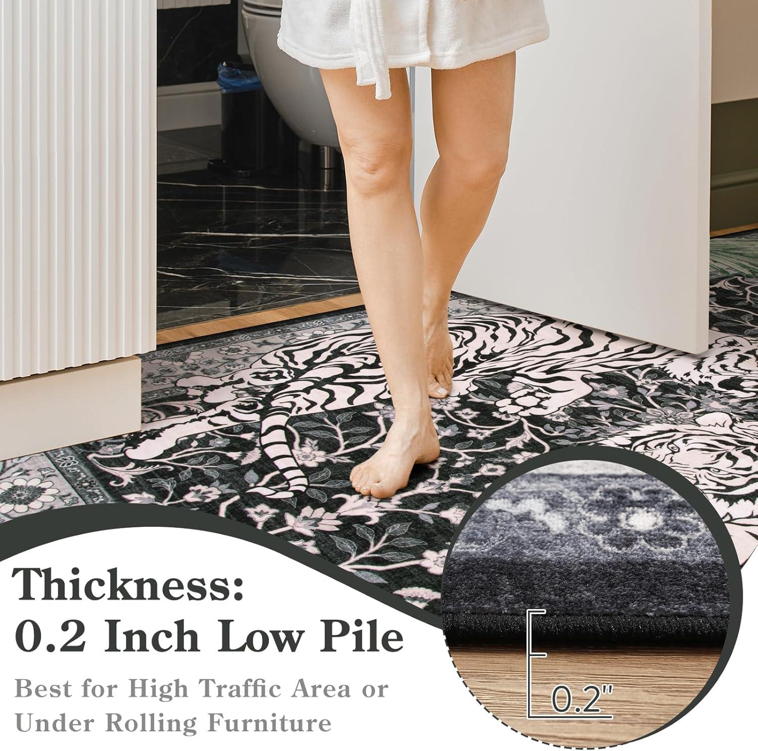 imageMoynesa Tiger Washable Rugs 8x10 Area Rugs for Living Room Soft Large Vintage 8x10 Bedroom Green Rug Botanical Non Slip Ultra Thin Floor Carpet for Dining Room Home OfficeBlack