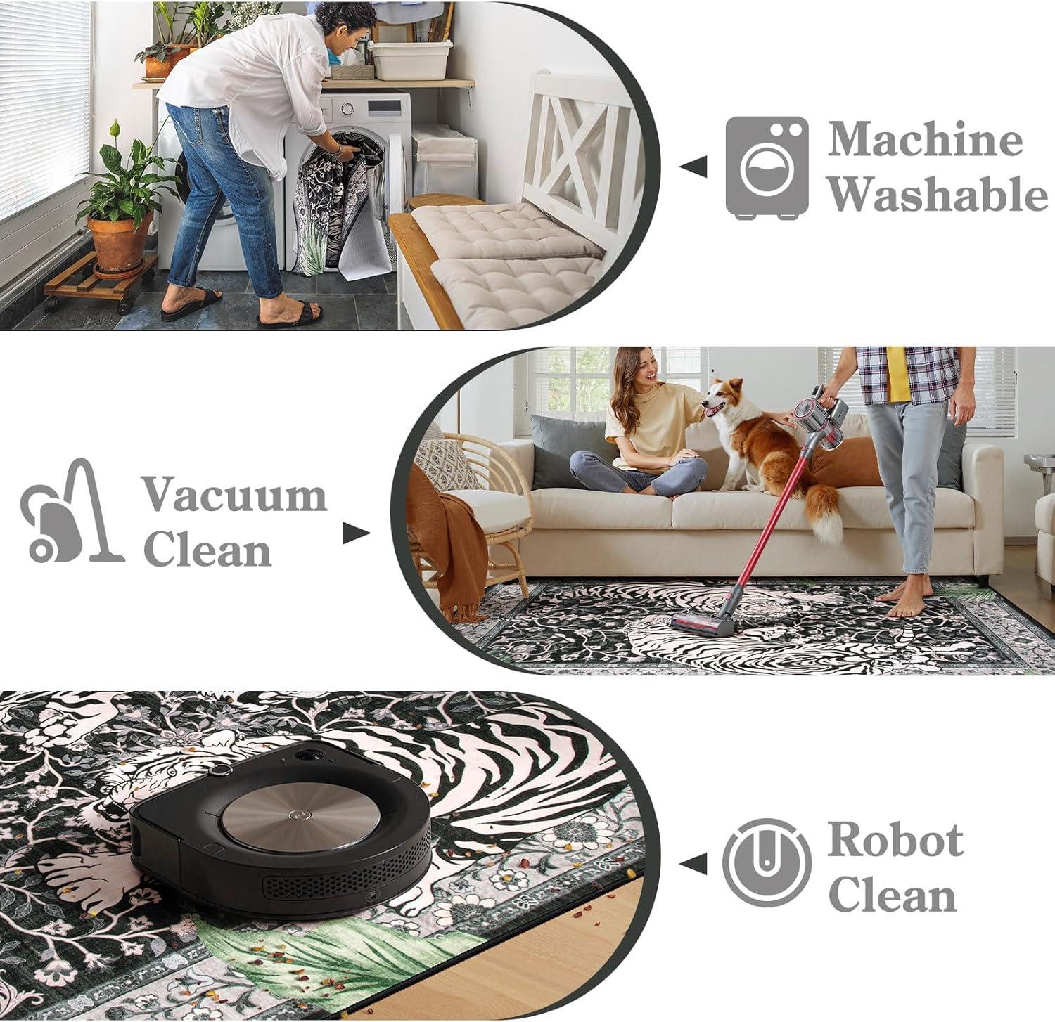 imageMoynesa Tiger Washable Rugs 8x10 Area Rugs for Living Room Soft Large Vintage 8x10 Bedroom Green Rug Botanical Non Slip Ultra Thin Floor Carpet for Dining Room Home OfficeBlack