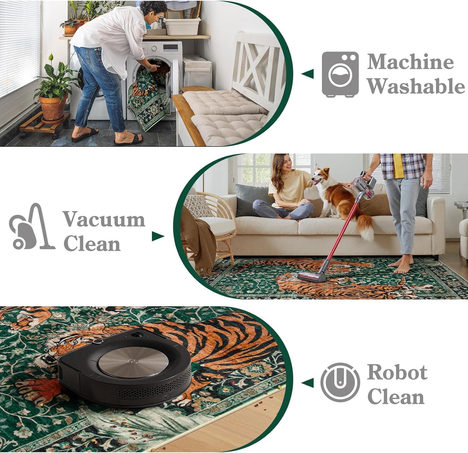 imageMoynesa Tiger Washable Rugs 8x10 Area Rugs for Living Room Soft Large Vintage 8x10 Bedroom Green Rug Botanical Non Slip Ultra Thin Floor Carpet for Dining Room Home OfficeGreen