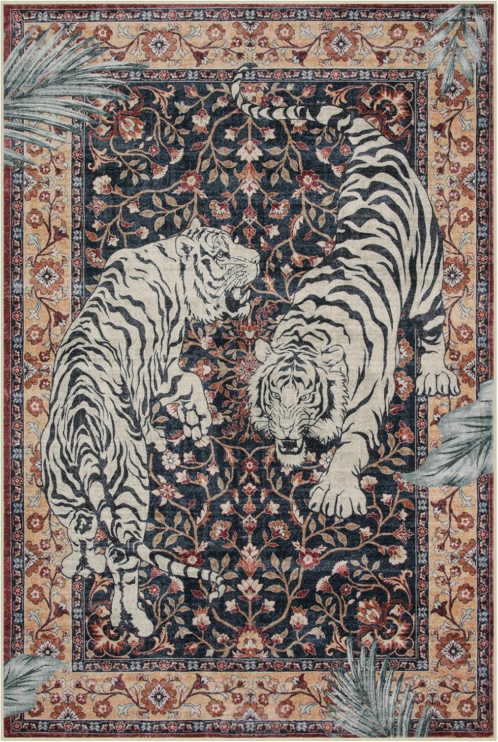 imageMoynesa Tiger Washable Rugs 8x10 Area Rugs for Living Room Soft Large Vintage 8x10 Bedroom Green Rug Botanical Non Slip Ultra Thin Floor Carpet for Dining Room Home OfficePuce Red