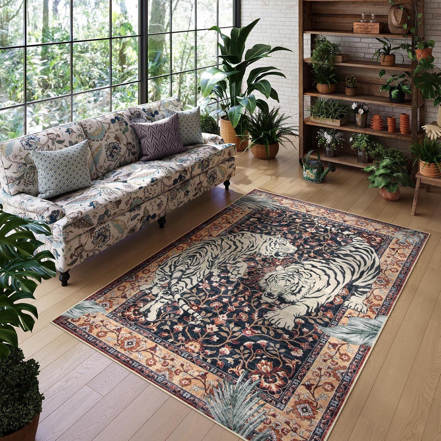 imageMoynesa Tiger Washable Rugs 8x10 Area Rugs for Living Room Soft Large Vintage 8x10 Bedroom Green Rug Botanical Non Slip Ultra Thin Floor Carpet for Dining Room Home OfficePuce Red