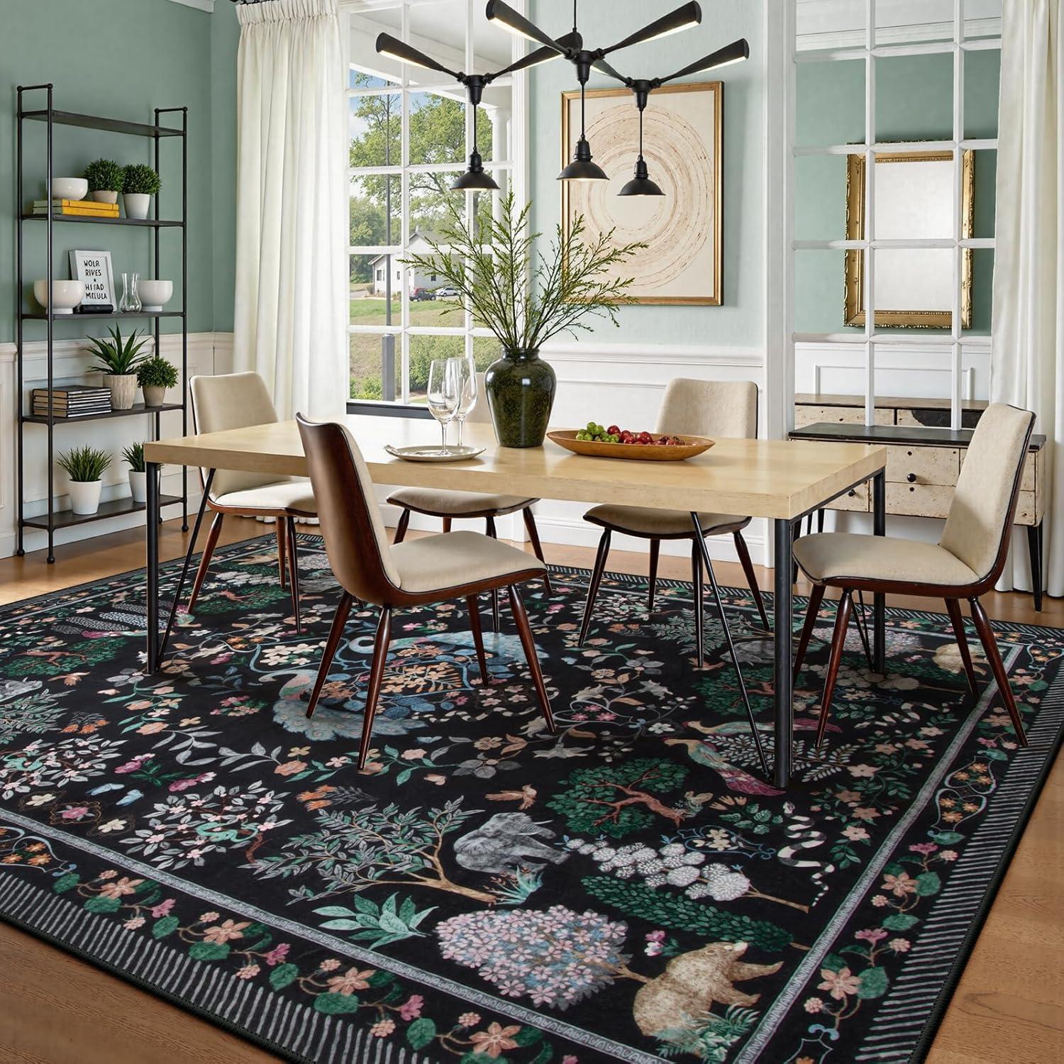 imageMoynesa Washable 8x10 Area Rugs for Living Room Boho Floral Soft Blue 8 x 10 Dining Room Rug Non Slip Ultra Thin Stain Resistant Large Floor Carpet for Bedroom Home OfficeBlack