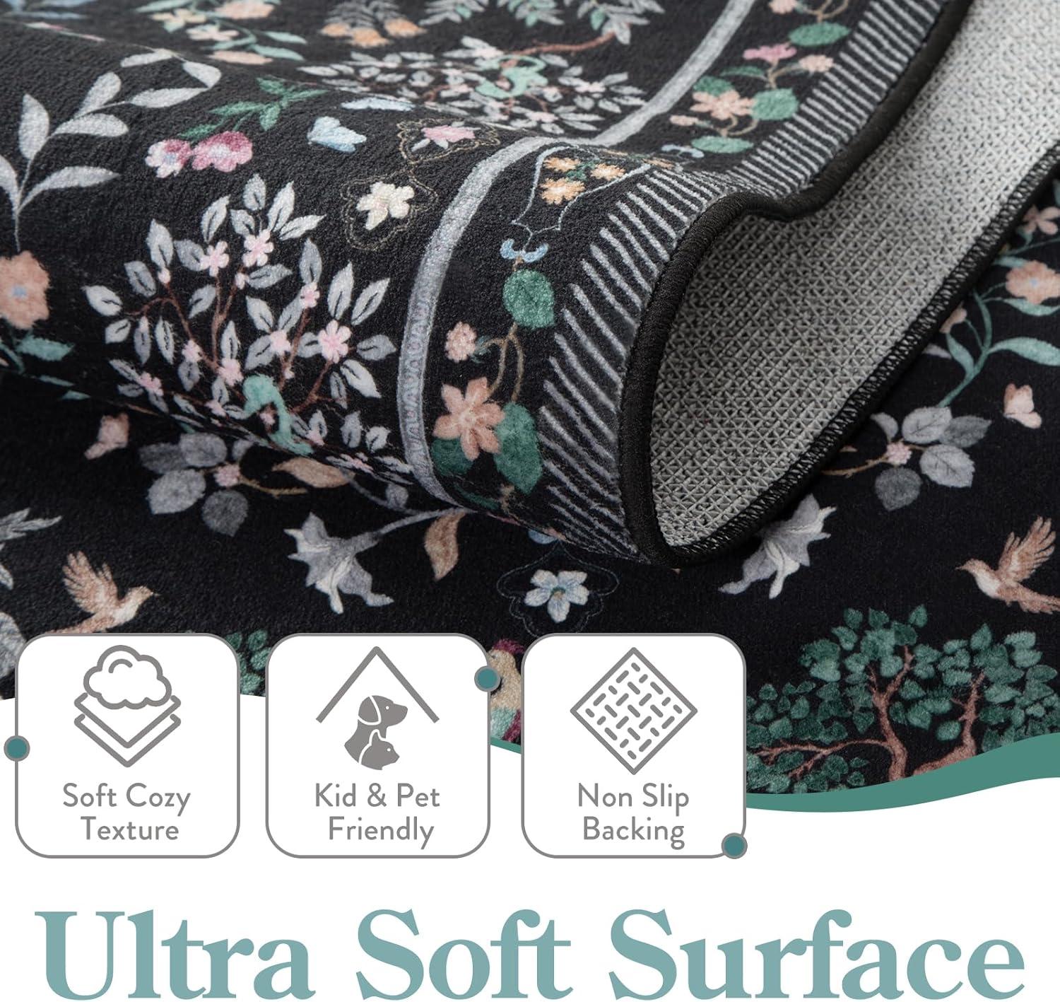 imageMoynesa Washable 8x10 Area Rugs for Living Room Boho Floral Soft Blue 8 x 10 Dining Room Rug Non Slip Ultra Thin Stain Resistant Large Floor Carpet for Bedroom Home OfficeBlack