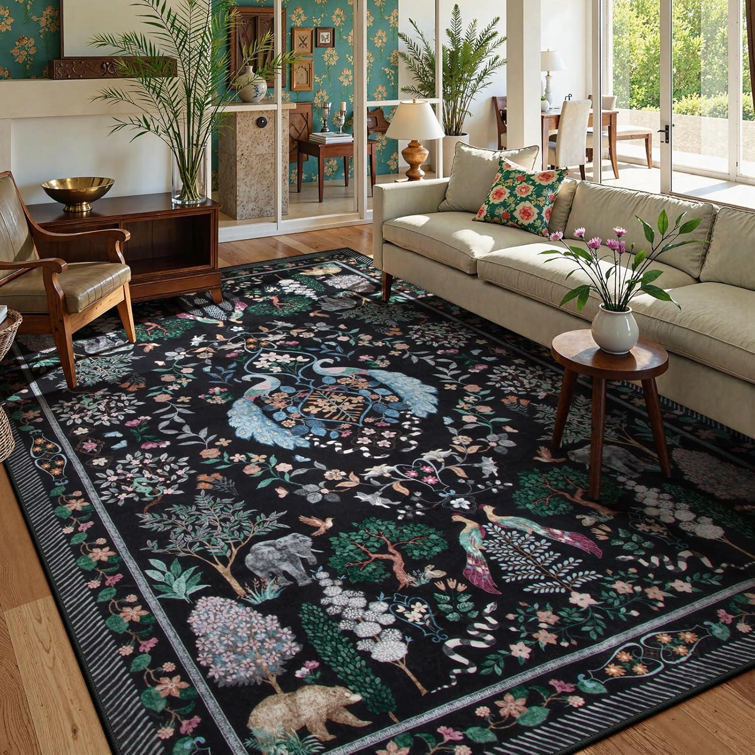 imageMoynesa Washable 8x10 Area Rugs for Living Room Boho Floral Soft Blue 8 x 10 Dining Room Rug Non Slip Ultra Thin Stain Resistant Large Floor Carpet for Bedroom Home OfficeBlack