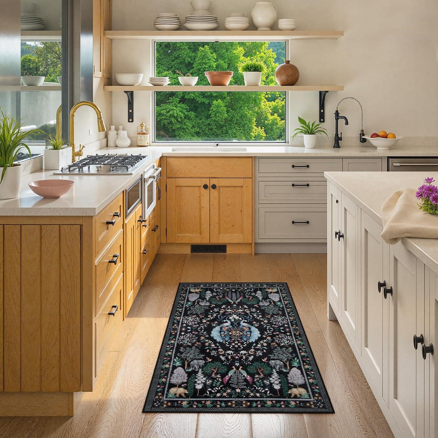 imageMoynesa Washable 8x10 Area Rugs for Living Room Boho Floral Soft Blue 8 x 10 Dining Room Rug Non Slip Ultra Thin Stain Resistant Large Floor Carpet for Bedroom Home OfficeBlack