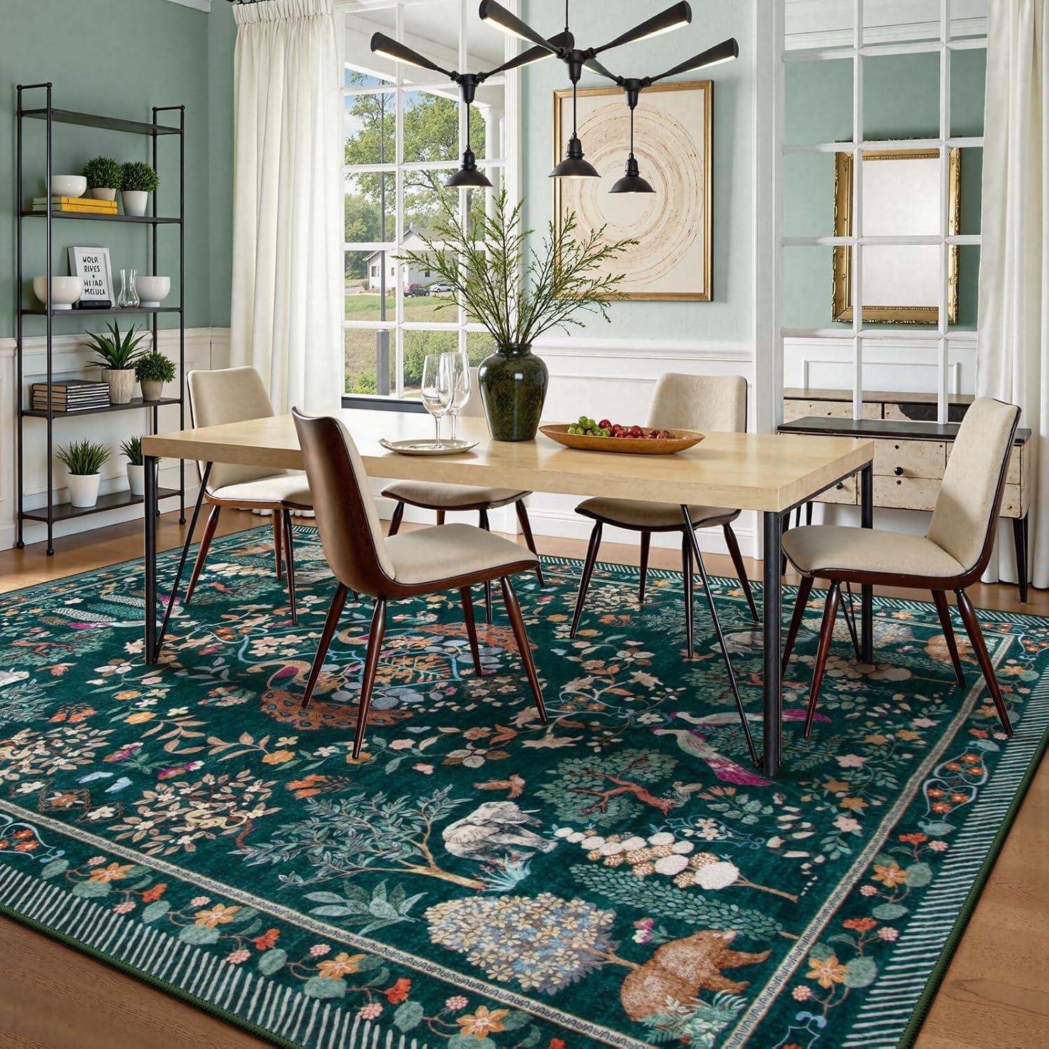 imageMoynesa Washable 8x10 Area Rugs for Living Room Boho Floral Soft Blue 8 x 10 Dining Room Rug Non Slip Ultra Thin Stain Resistant Large Floor Carpet for Bedroom Home OfficeGreen