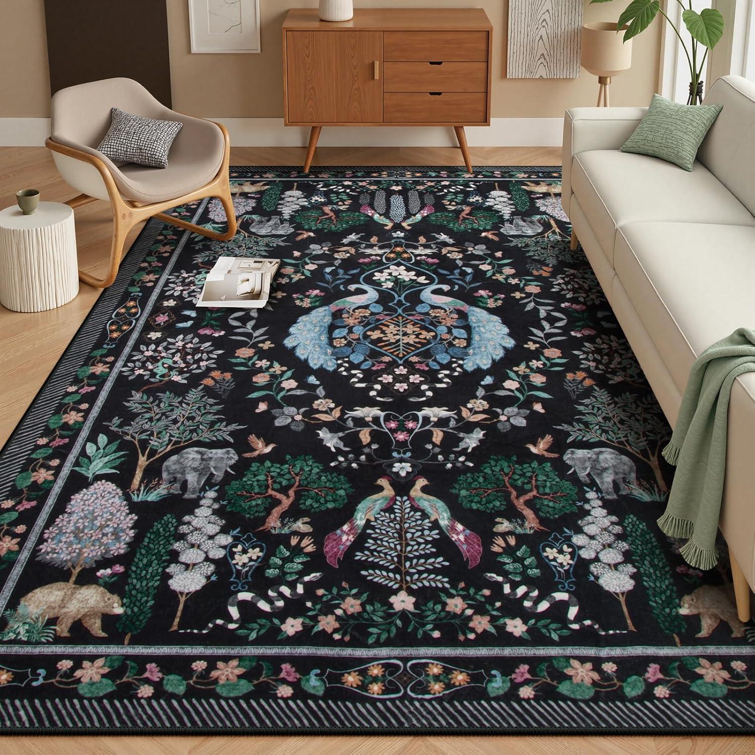 imageMoynesa Washable 8x10 Area Rugs for Living Room Boho Floral Soft Blue 8 x 10 Dining Room Rug Non Slip Ultra Thin Stain Resistant Large Floor Carpet for Bedroom Home OfficeBlack