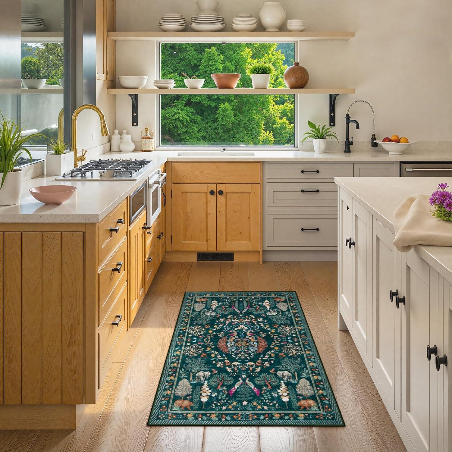 imageMoynesa Washable 8x10 Area Rugs for Living Room Boho Floral Soft Blue 8 x 10 Dining Room Rug Non Slip Ultra Thin Stain Resistant Large Floor Carpet for Bedroom Home OfficeGreen