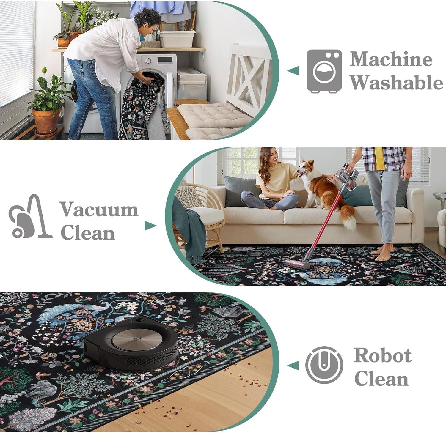 imageMoynesa Washable 8x10 Area Rugs for Living Room Boho Floral Soft Blue 8 x 10 Dining Room Rug Non Slip Ultra Thin Stain Resistant Large Floor Carpet for Bedroom Home OfficeBlack