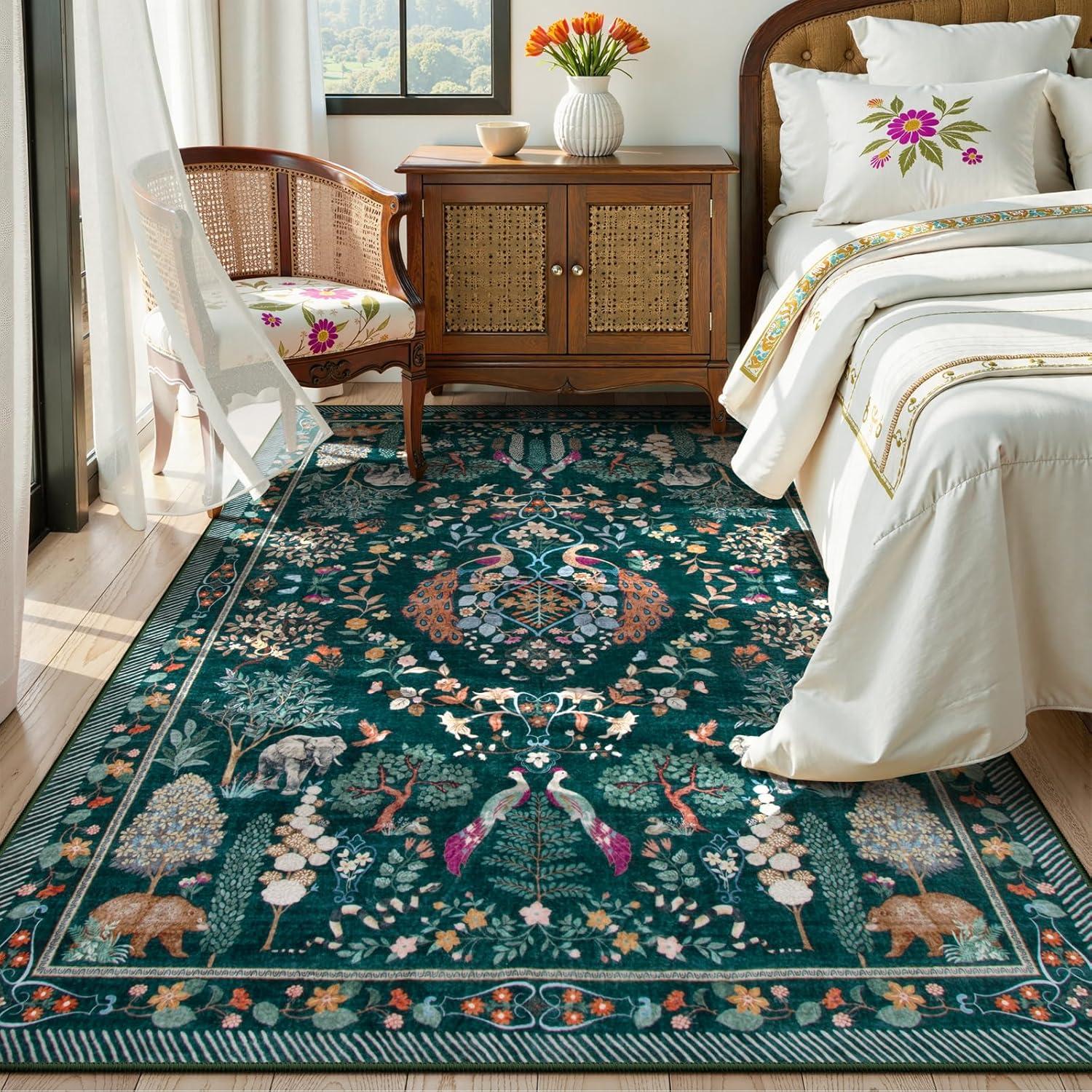 imageMoynesa Washable 8x10 Area Rugs for Living Room Boho Floral Soft Blue 8 x 10 Dining Room Rug Non Slip Ultra Thin Stain Resistant Large Floor Carpet for Bedroom Home OfficeGreen