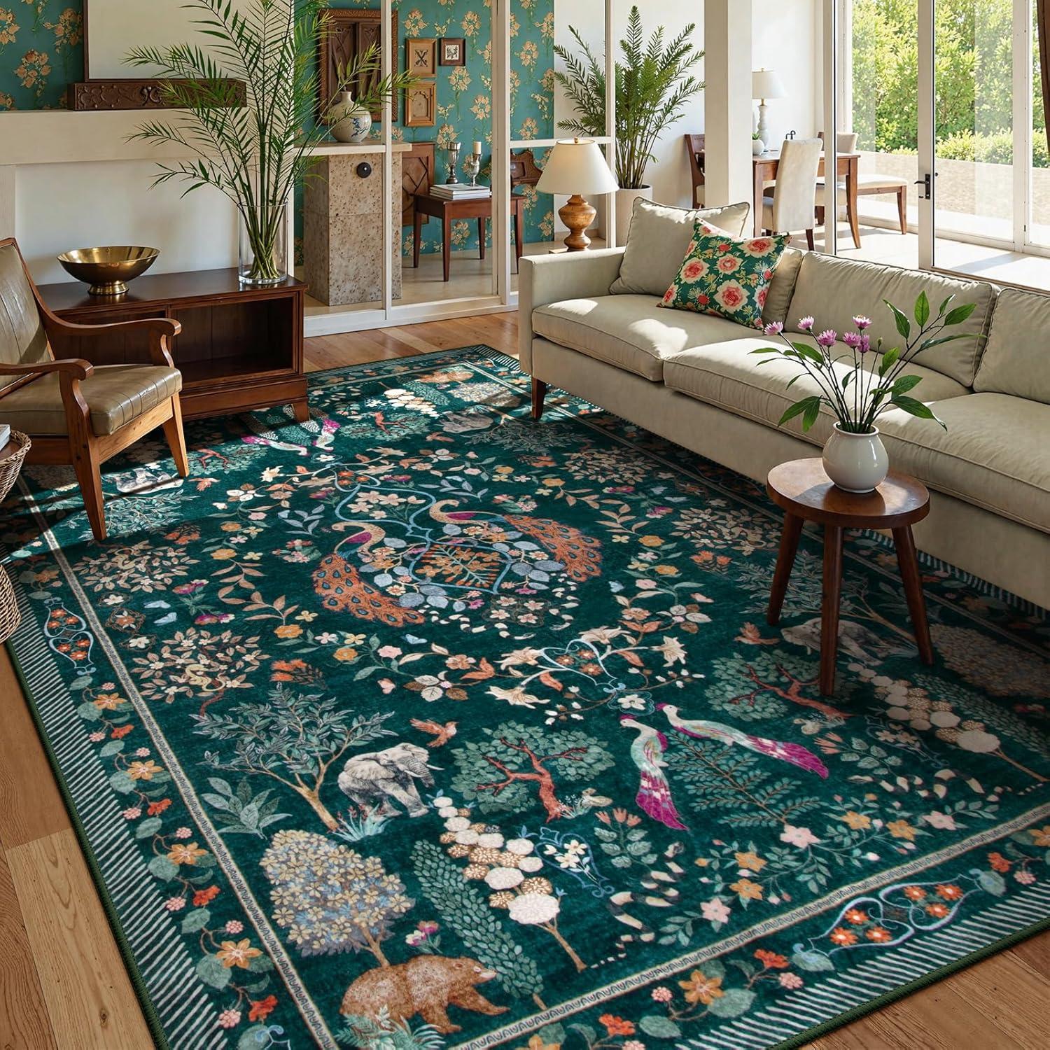 imageMoynesa Washable 8x10 Area Rugs for Living Room Boho Floral Soft Blue 8 x 10 Dining Room Rug Non Slip Ultra Thin Stain Resistant Large Floor Carpet for Bedroom Home OfficeGreen