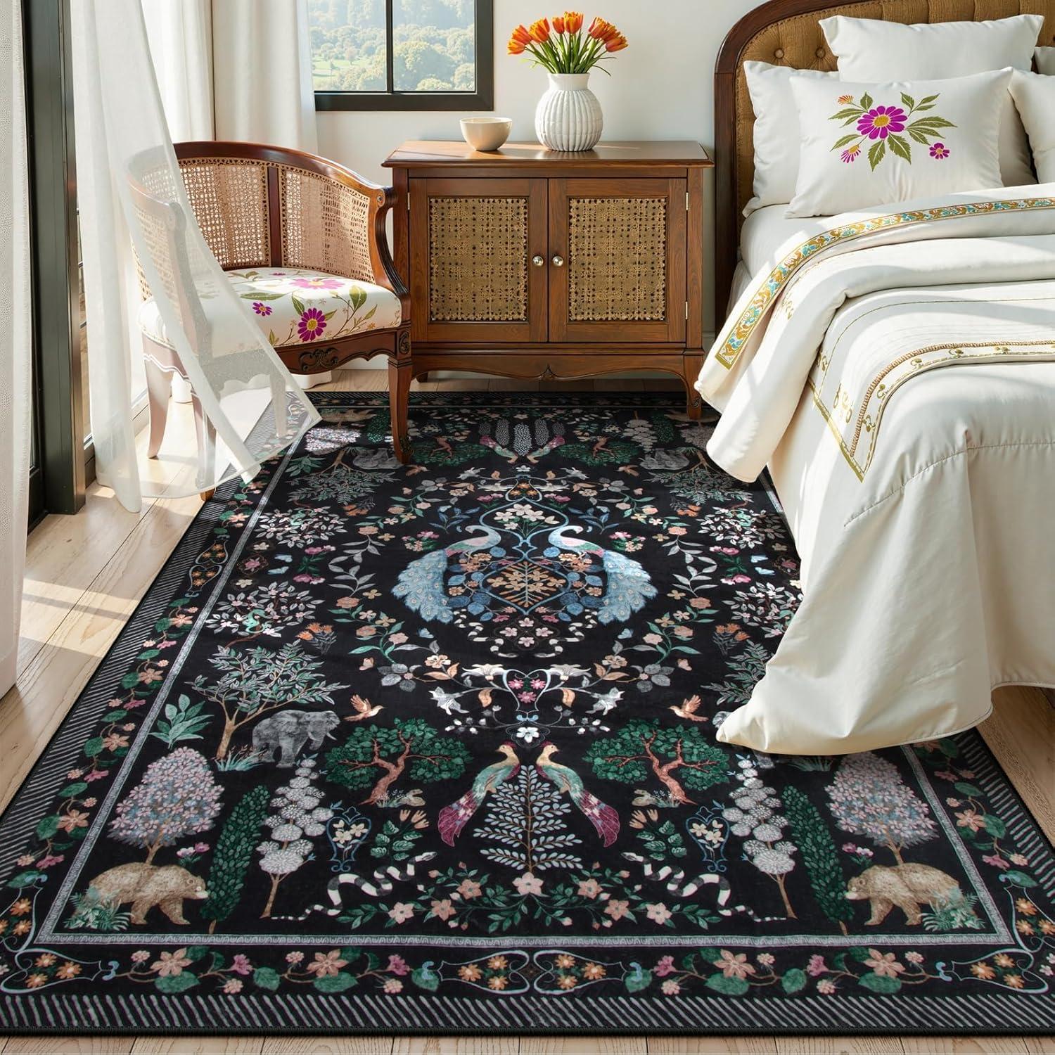 imageMoynesa Washable 8x10 Area Rugs for Living Room Boho Floral Soft Blue 8 x 10 Dining Room Rug Non Slip Ultra Thin Stain Resistant Large Floor Carpet for Bedroom Home OfficeBlack