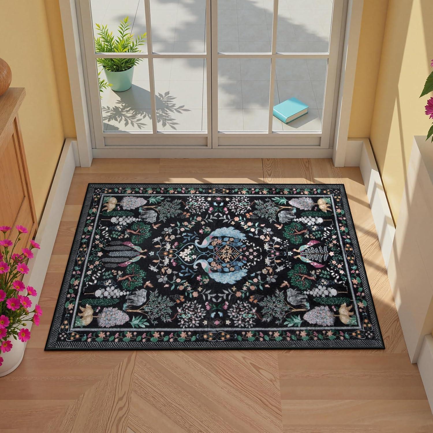 imageMoynesa Washable 8x10 Area Rugs for Living Room Boho Floral Soft Blue 8 x 10 Dining Room Rug Non Slip Ultra Thin Stain Resistant Large Floor Carpet for Bedroom Home OfficeBlack