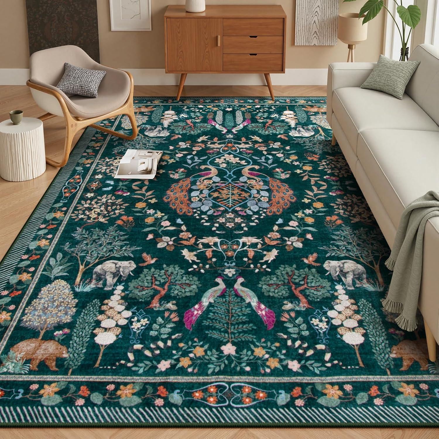 imageMoynesa Washable 8x10 Area Rugs for Living Room Boho Floral Soft Blue 8 x 10 Dining Room Rug Non Slip Ultra Thin Stain Resistant Large Floor Carpet for Bedroom Home OfficeGreen