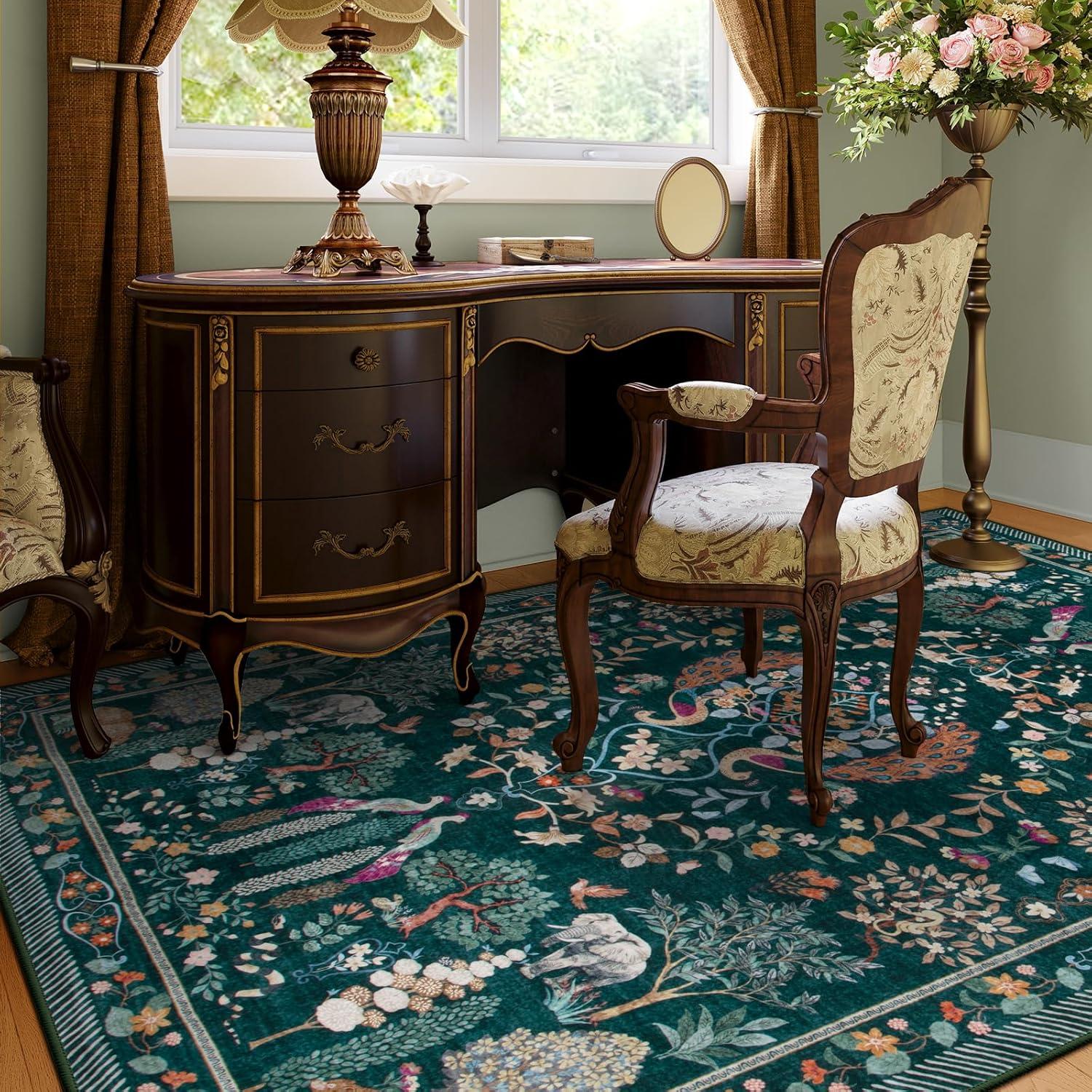 imageMoynesa Washable 8x10 Area Rugs for Living Room Boho Floral Soft Blue 8 x 10 Dining Room Rug Non Slip Ultra Thin Stain Resistant Large Floor Carpet for Bedroom Home OfficeGreen