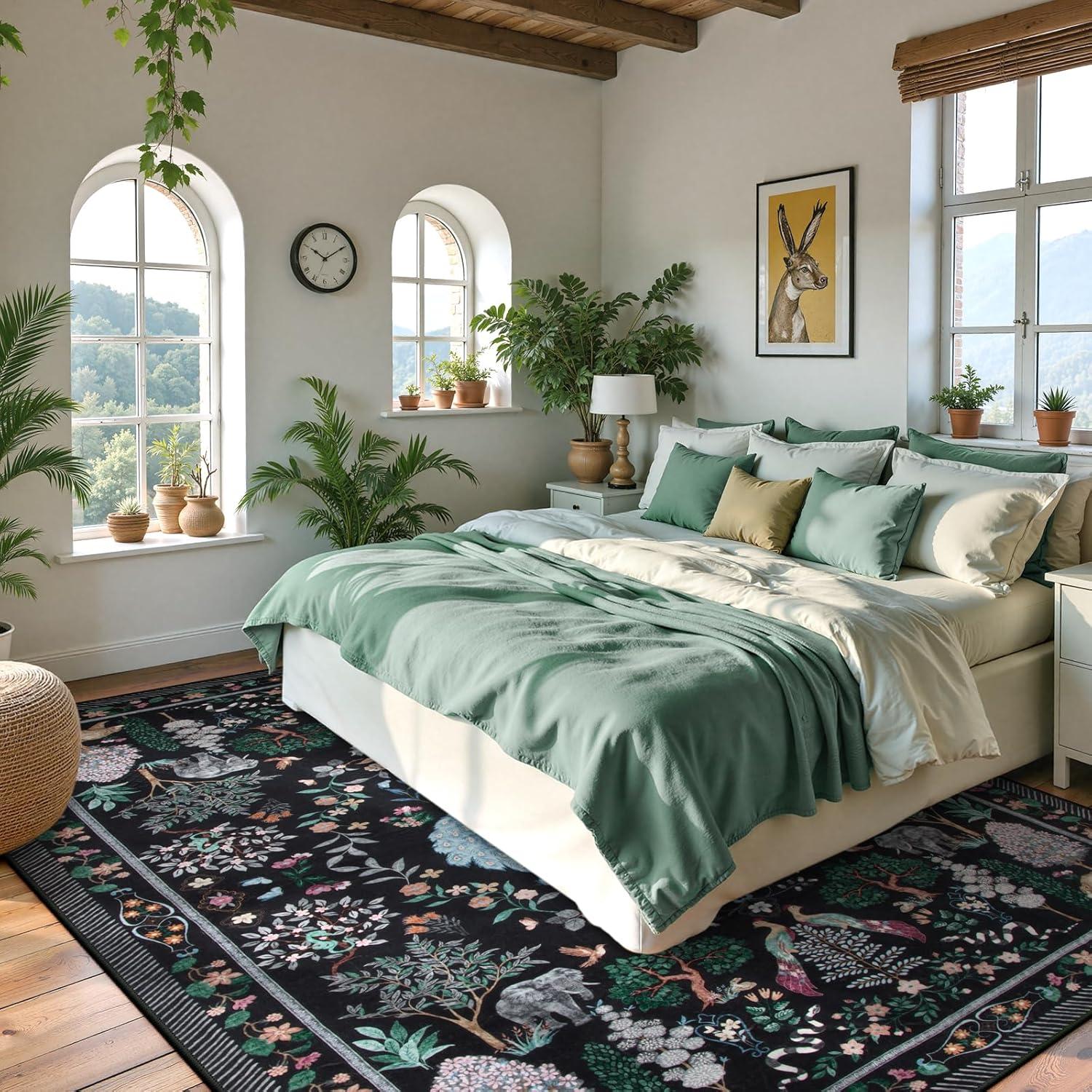 imageMoynesa Washable 8x10 Area Rugs for Living Room Boho Floral Soft Blue 8 x 10 Dining Room Rug Non Slip Ultra Thin Stain Resistant Large Floor Carpet for Bedroom Home OfficeBlack