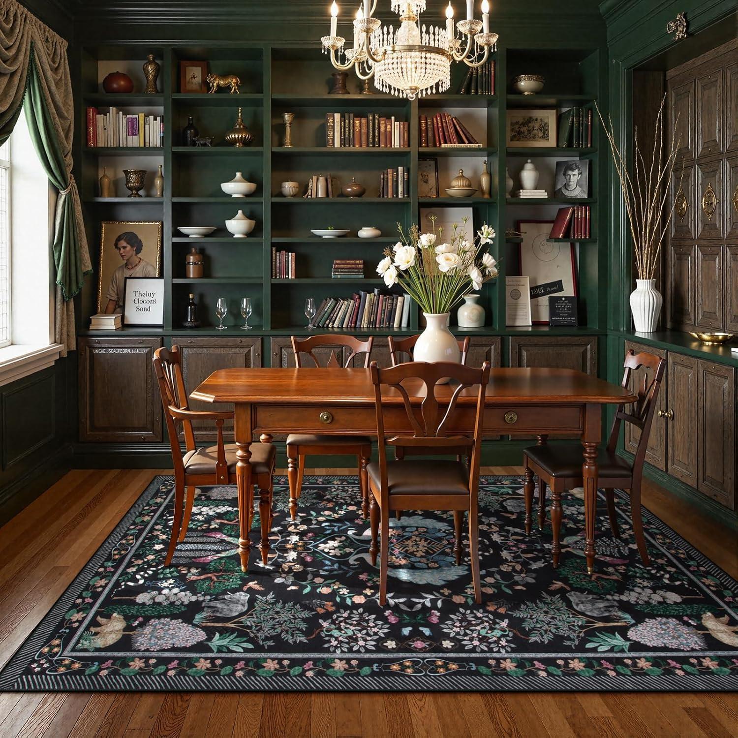 imageMoynesa Washable 8x10 Area Rugs for Living Room Boho Floral Soft Blue 8 x 10 Dining Room Rug Non Slip Ultra Thin Stain Resistant Large Floor Carpet for Bedroom Home OfficeBlack