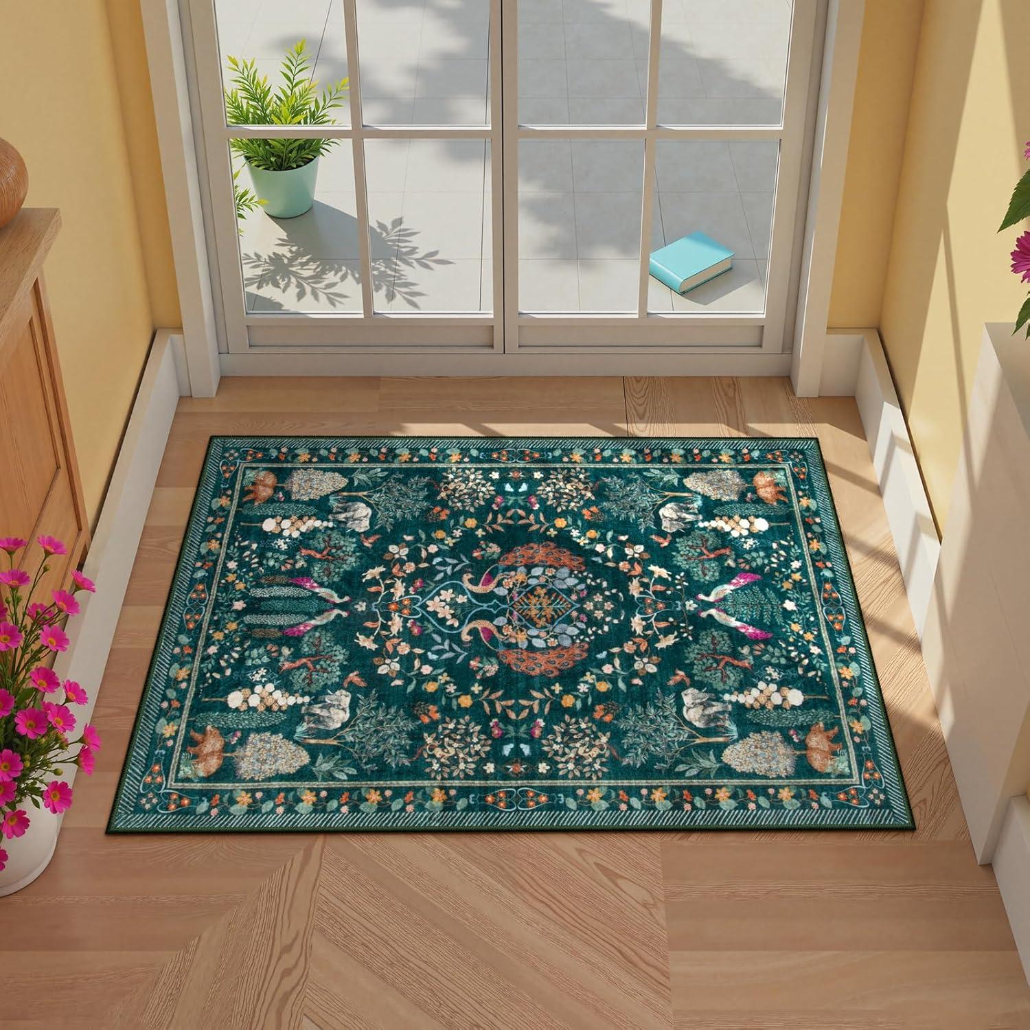 imageMoynesa Washable 8x10 Area Rugs for Living Room Boho Floral Soft Blue 8 x 10 Dining Room Rug Non Slip Ultra Thin Stain Resistant Large Floor Carpet for Bedroom Home OfficeGreen