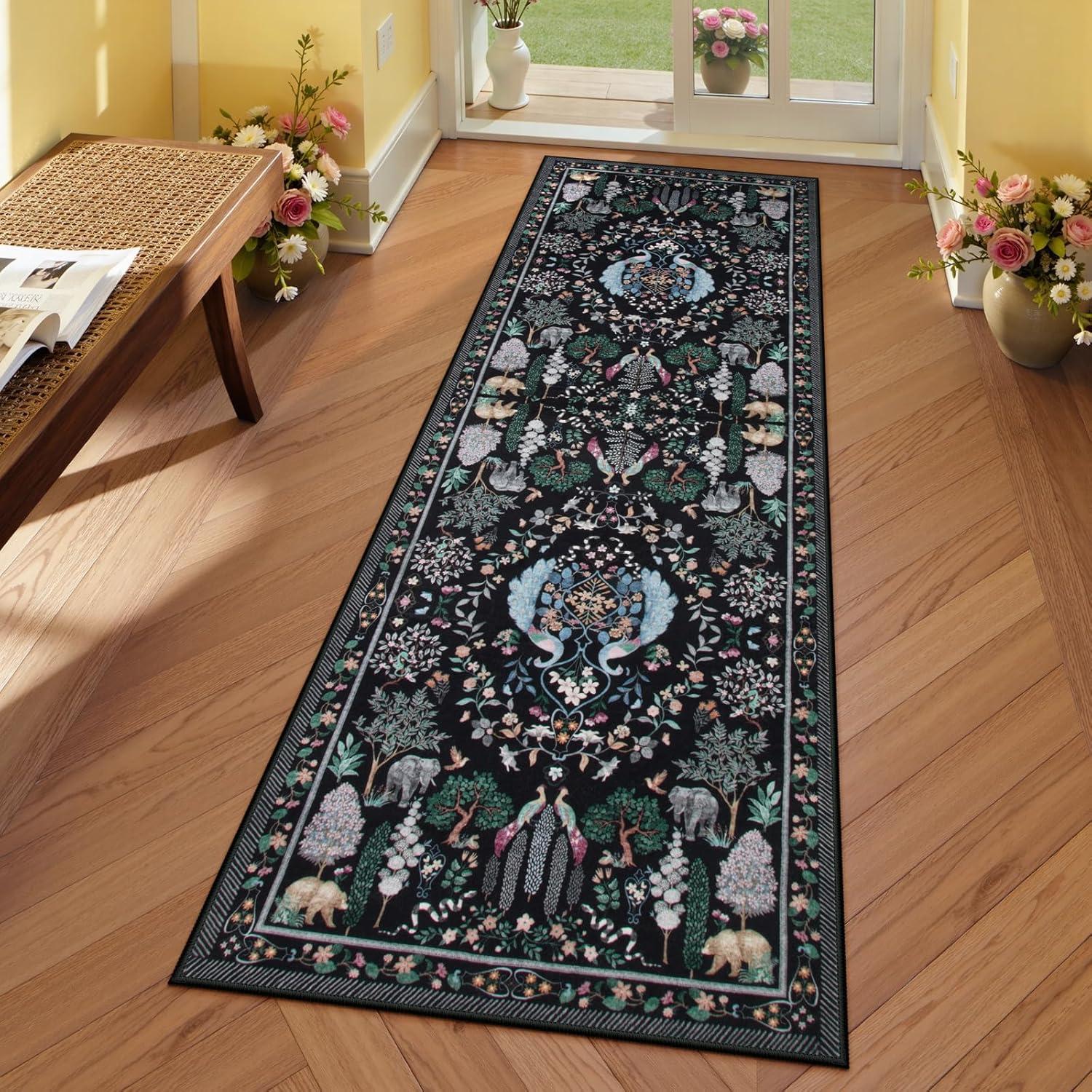 imageMoynesa Washable 8x10 Area Rugs for Living Room Boho Floral Soft Blue 8 x 10 Dining Room Rug Non Slip Ultra Thin Stain Resistant Large Floor Carpet for Bedroom Home OfficeBlack