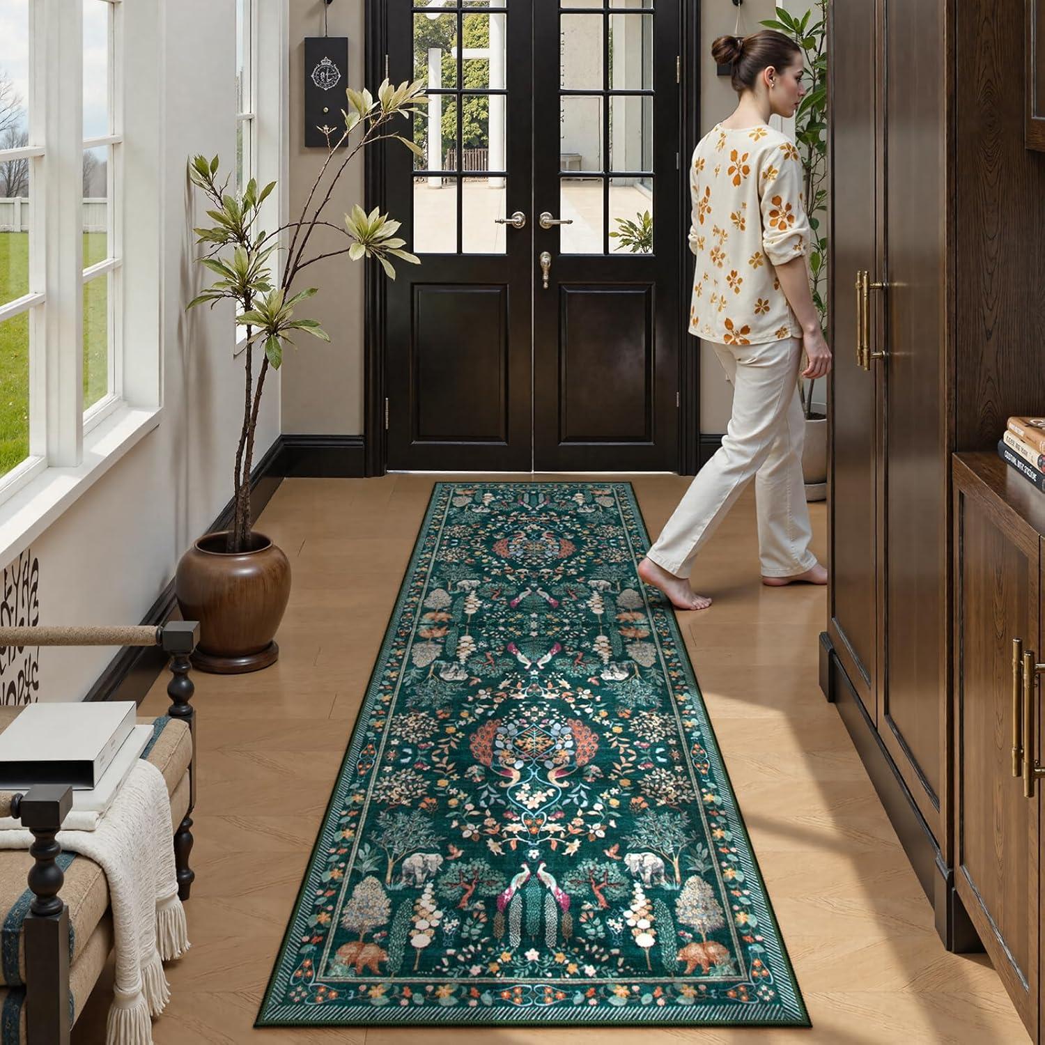 imageMoynesa Washable 8x10 Area Rugs for Living Room Boho Floral Soft Blue 8 x 10 Dining Room Rug Non Slip Ultra Thin Stain Resistant Large Floor Carpet for Bedroom Home OfficeGreen