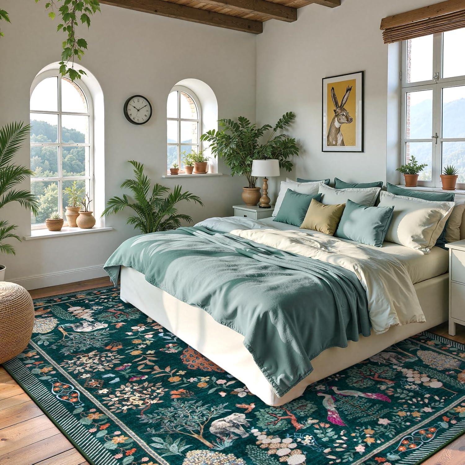 imageMoynesa Washable 8x10 Area Rugs for Living Room Boho Floral Soft Blue 8 x 10 Dining Room Rug Non Slip Ultra Thin Stain Resistant Large Floor Carpet for Bedroom Home OfficeGreen