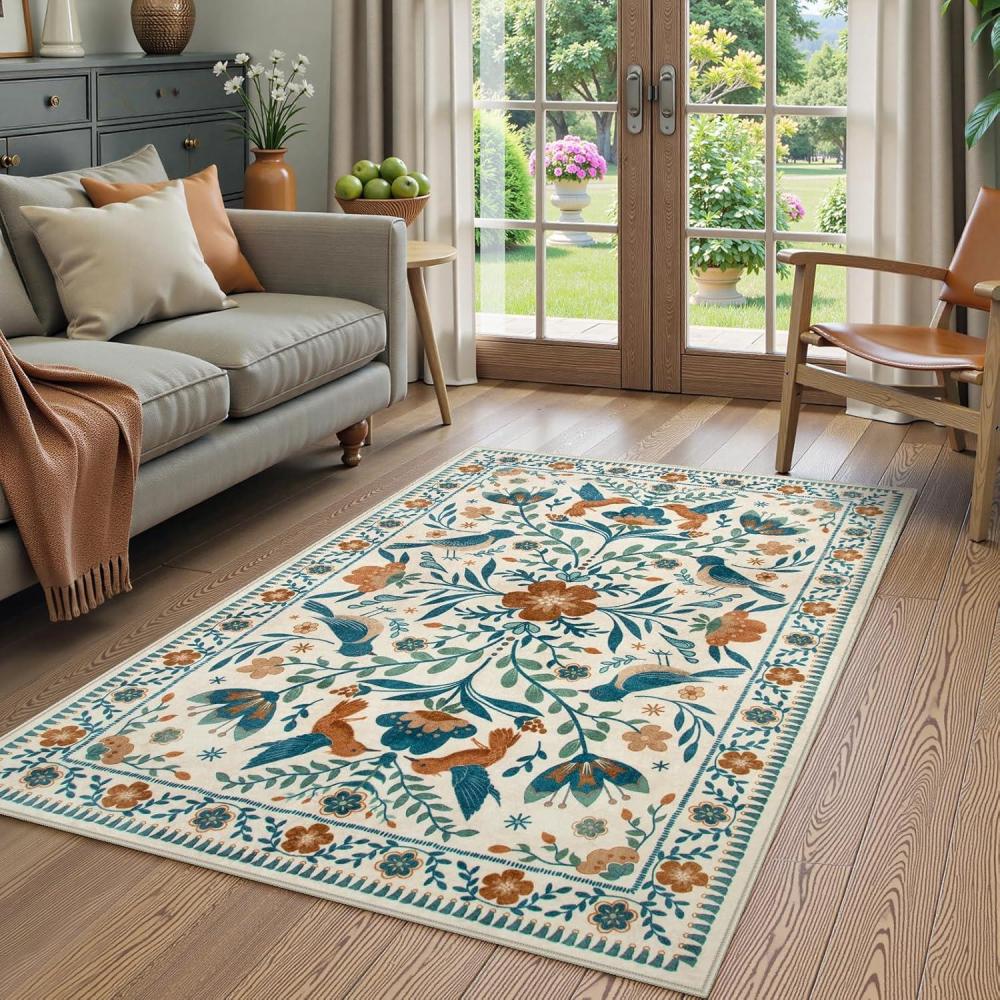 imageMoynesa Boho Birds Rug 8x10 Area Rug Green Machine Washable LowPile Soft Playroom Rug Living Room CarpetBeige