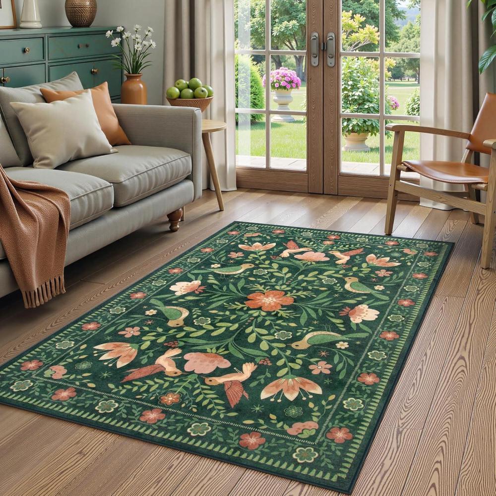 imageMoynesa Boho Birds Rug 8x10 Area Rug Green Machine Washable LowPile Soft Playroom Rug Living Room CarpetGreen