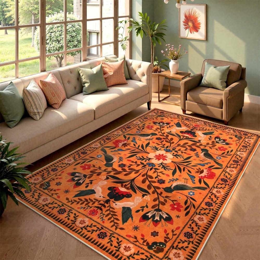 imageMoynesa Boho Birds Rug 8x10 Area Rug Green Machine Washable LowPile Soft Playroom Rug Living Room CarpetOrange