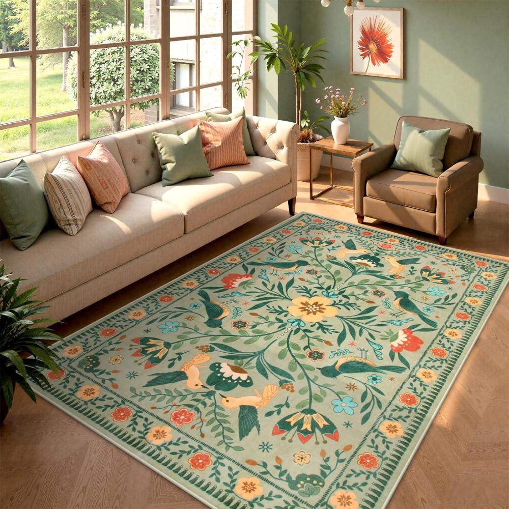 imageMoynesa Boho Birds Rug 8x10 Area Rug Green Machine Washable LowPile Soft Playroom Rug Living Room CarpetSage Green