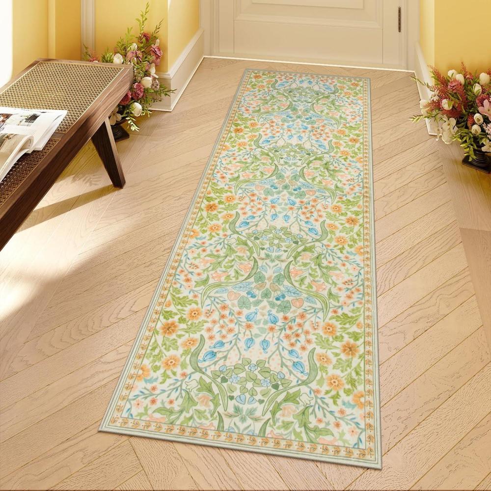 imageMoynesa Floral Washable 8x10 Rug Large Rugs for Living Room Green Soft 8 x 10 Boho Bedroom Rugs Non Slip Botanical Ultra Thin Floor Carpet for Dining Room Nursery GreenSpring