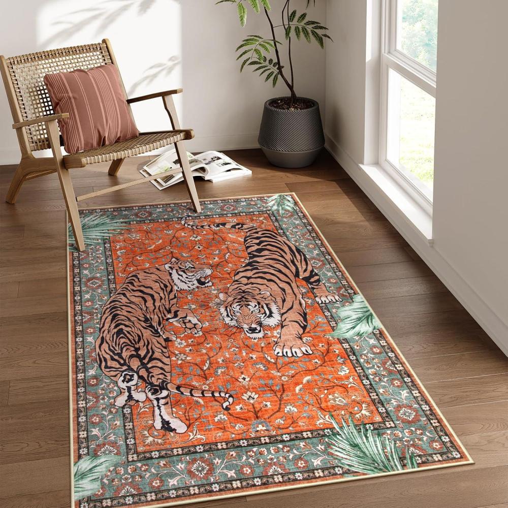 imageMoynesa Tiger Washable Rugs 8x10 Area Rugs for Living Room Soft Large Vintage 8x10 Bedroom Green Rug Botanical Non Slip Ultra Thin Floor Carpet for Dining Room Home OfficeRust